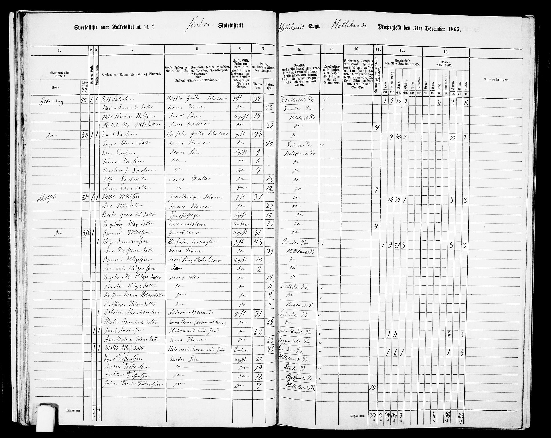 RA, 1865 census for Helleland, 1865, p. 22