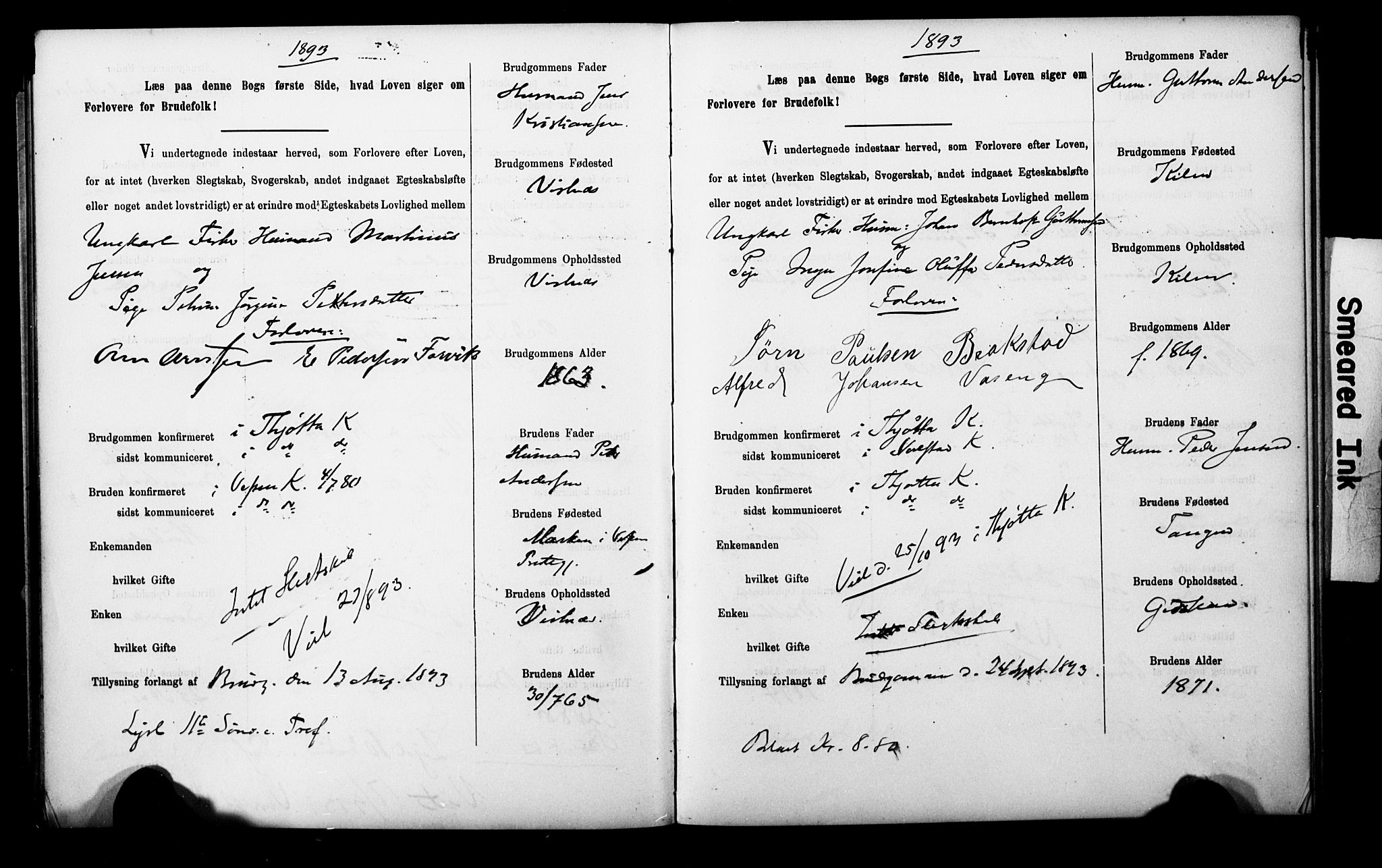 Uten arkivreferanse**, SAT/-: Banns register no. 1 /2 (Trøgstad), 1891-1895