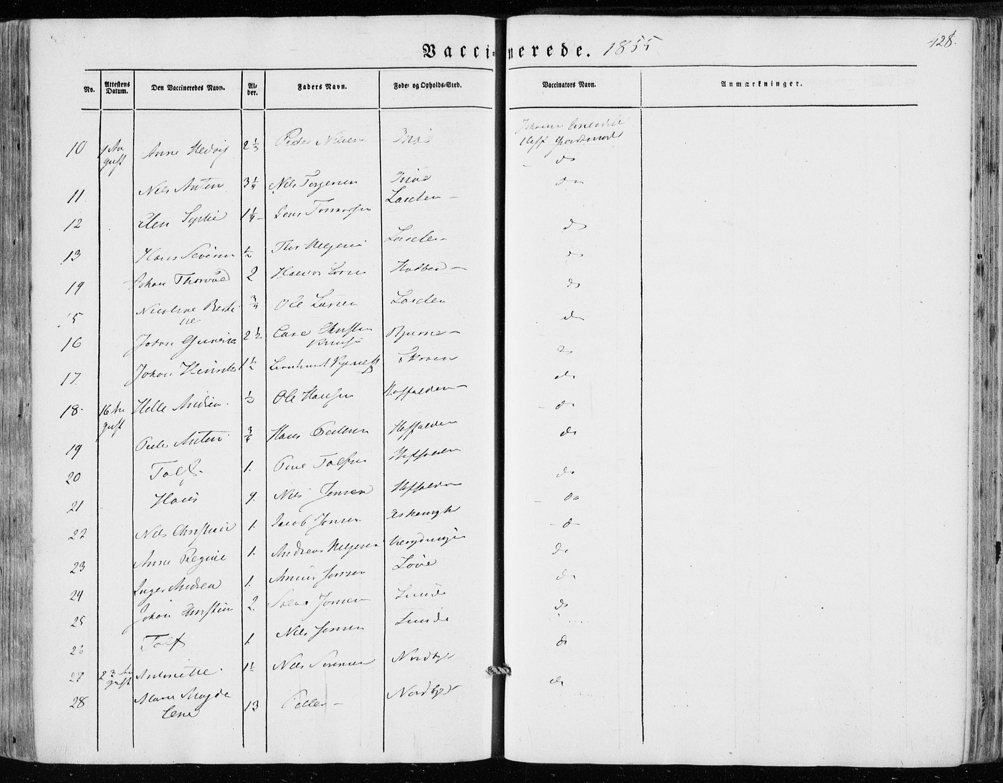 Hedrum kirkebøker, AV/SAKO-A-344/F/Fa/L0006: Parish register (official) no. I 6, 1849-1857, p. 428