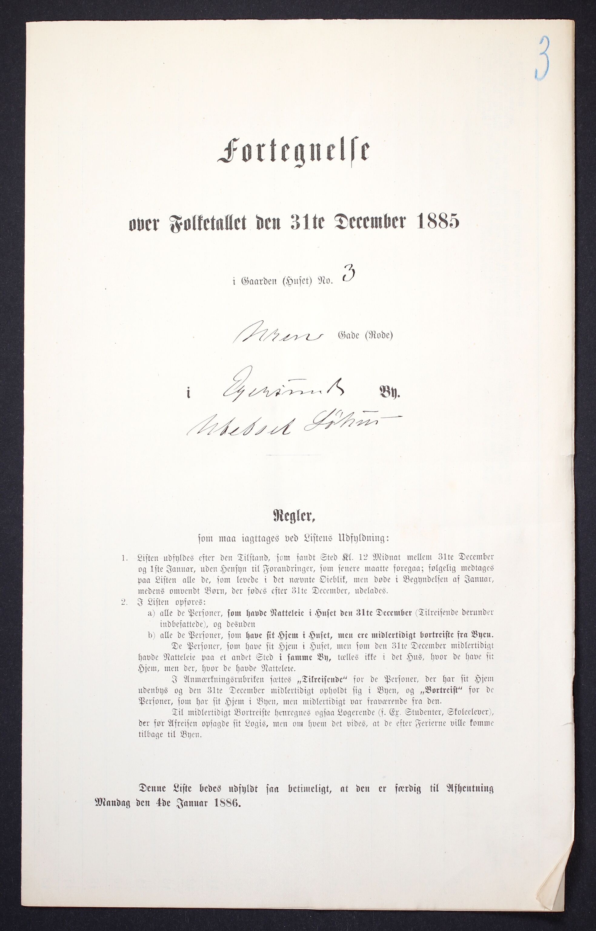 SAST, 1885 census for 1101 Egersund, 1885, p. 3a