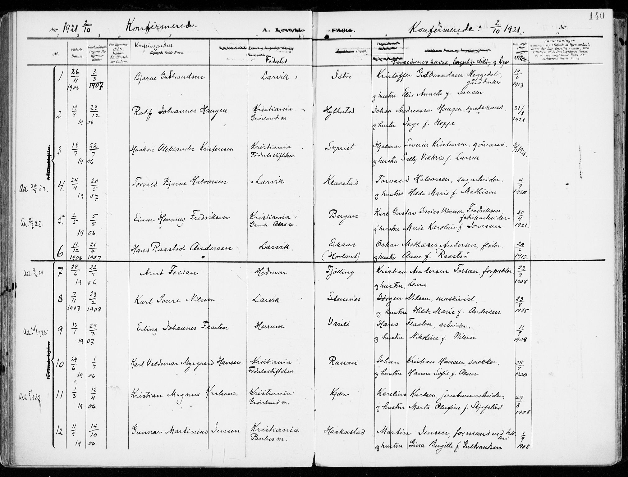 Tjølling kirkebøker, AV/SAKO-A-60/F/Fa/L0010: Parish register (official) no. 10, 1906-1923, p. 140