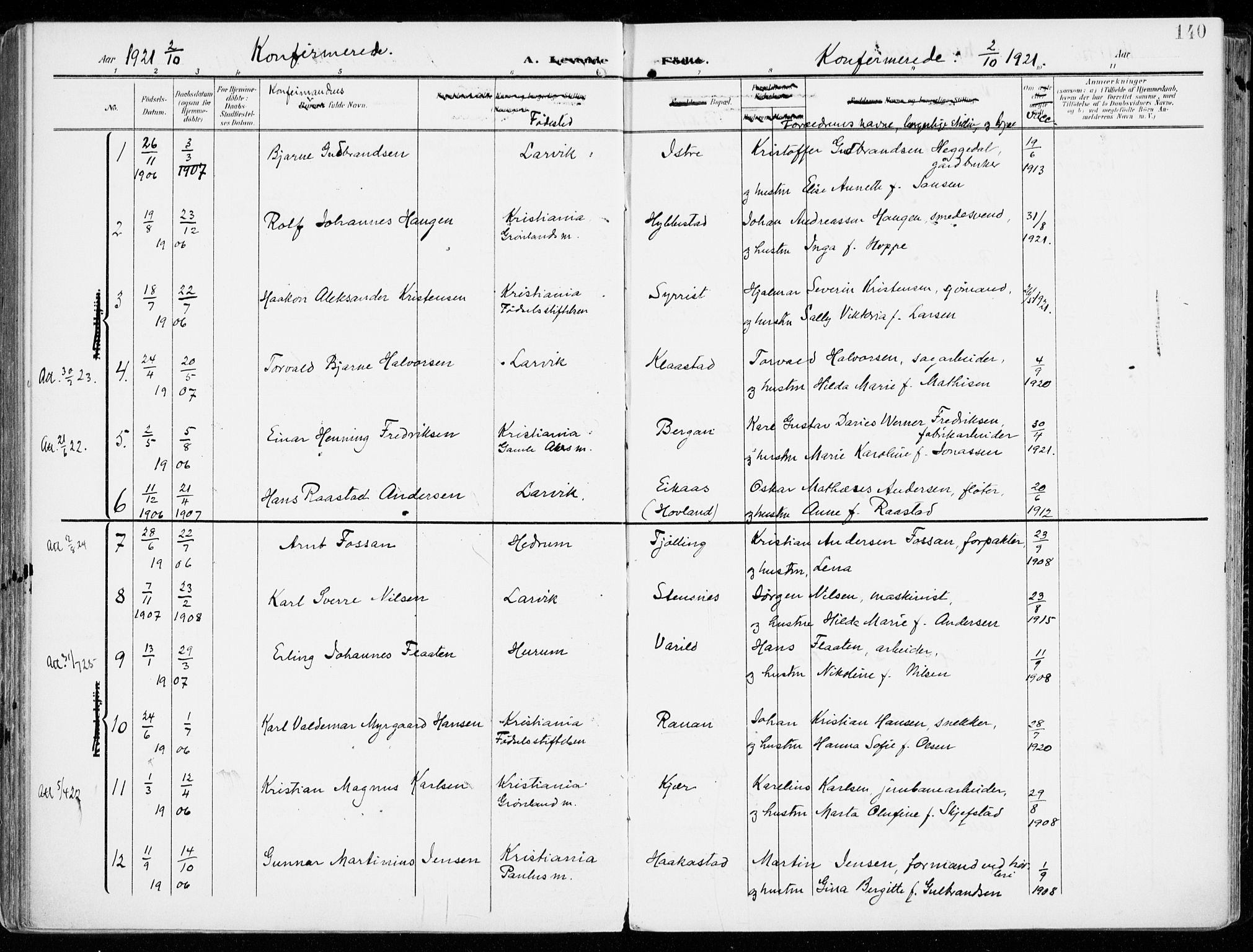 Tjølling kirkebøker, SAKO/A-60/F/Fa/L0010: Parish register (official) no. 10, 1906-1923, p. 140