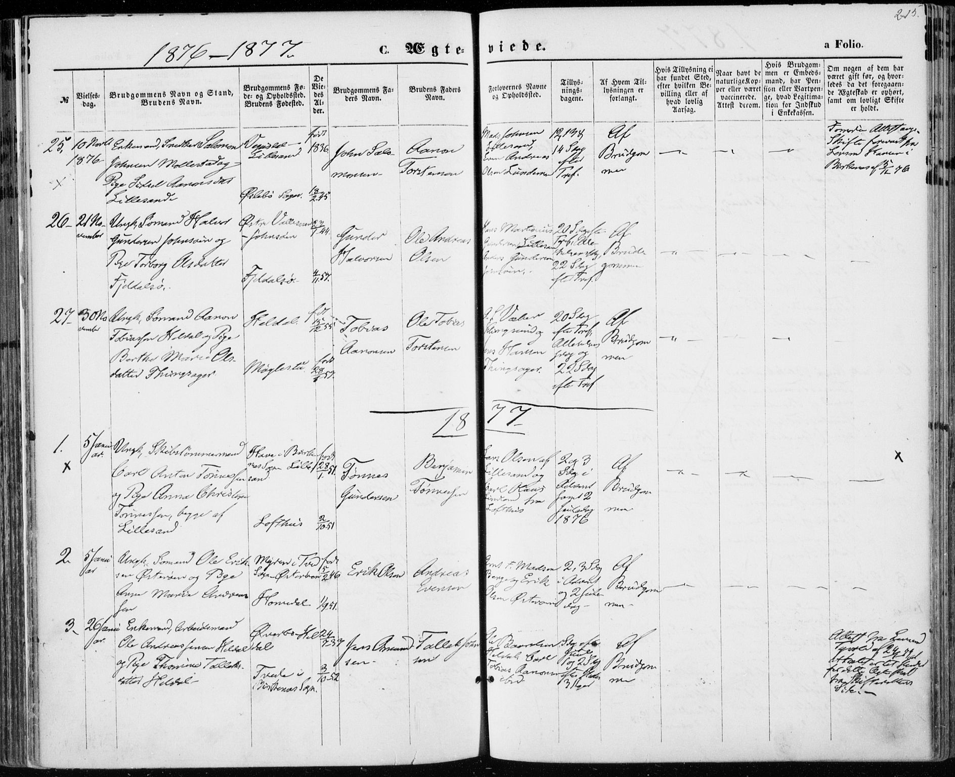 Vestre Moland sokneprestkontor, SAK/1111-0046/F/Fa/Fab/L0008: Parish register (official) no. A 8, 1873-1883, p. 215