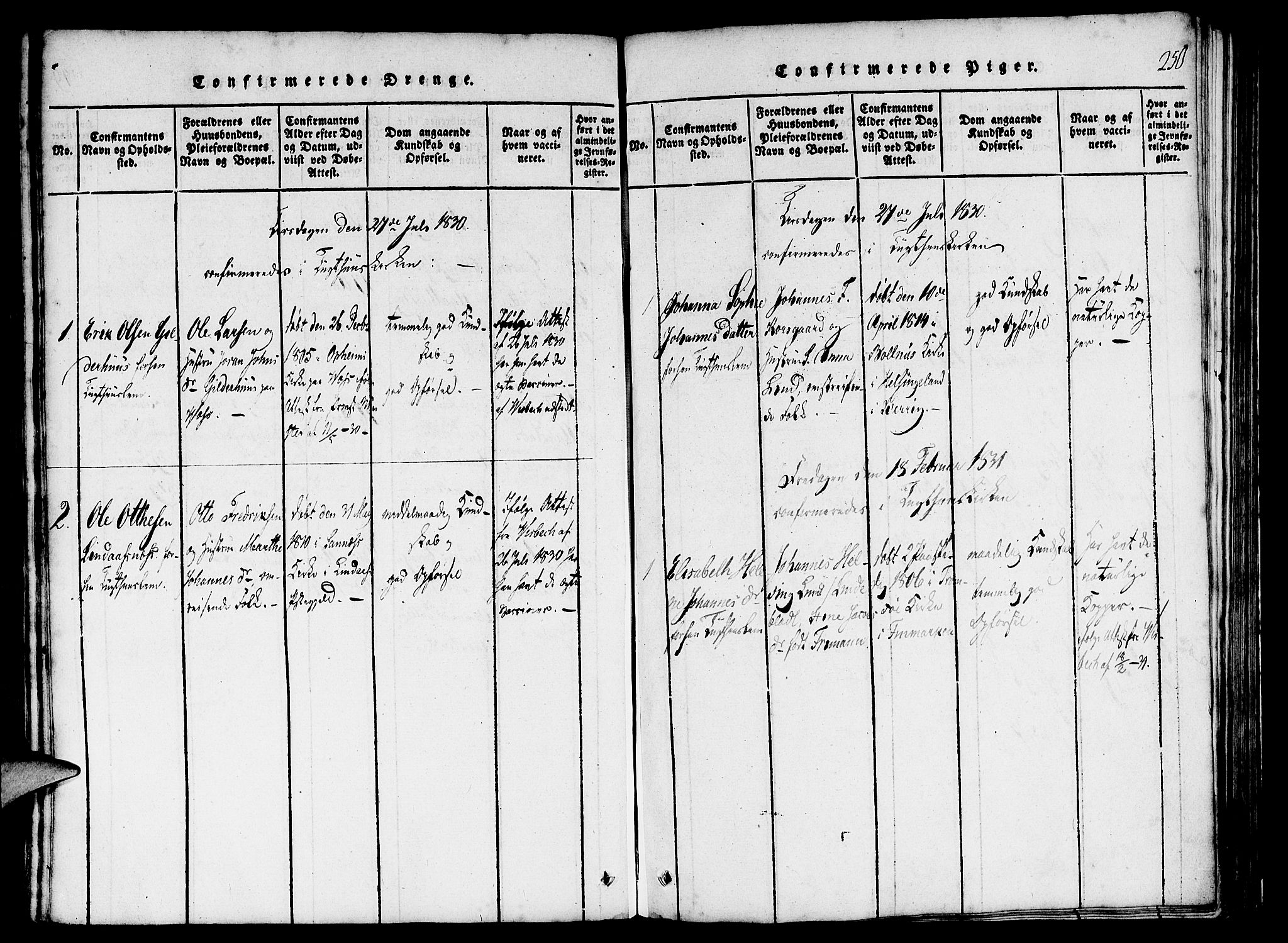 St. Jørgens hospital og Årstad sokneprestembete, AV/SAB-A-99934: Parish register (official) no. A 3, 1815-1843, p. 250