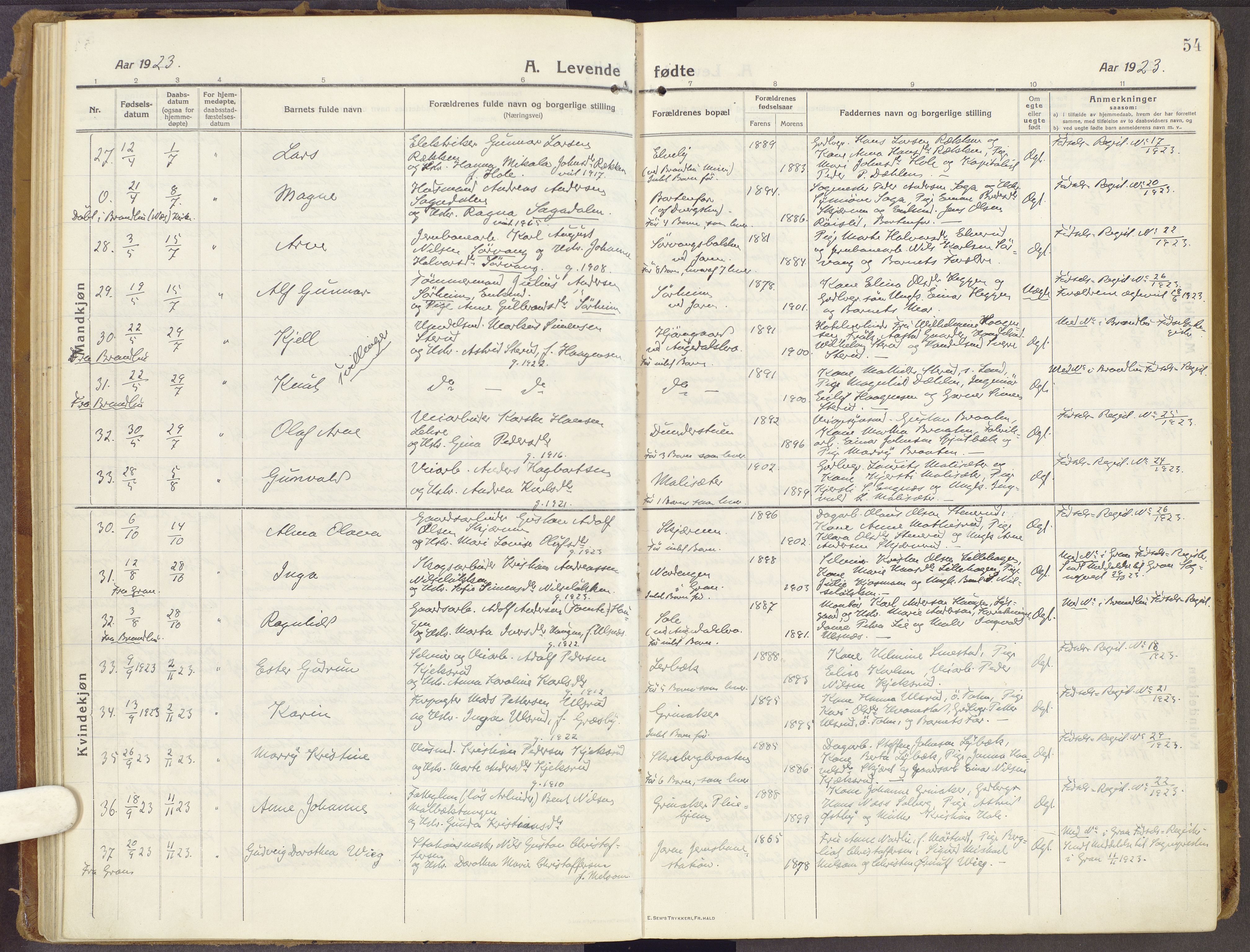 Brandbu prestekontor, AV/SAH-PREST-114/H/Ha/Haa/L0003: Parish register (official) no. 3, 1914-1928, p. 54