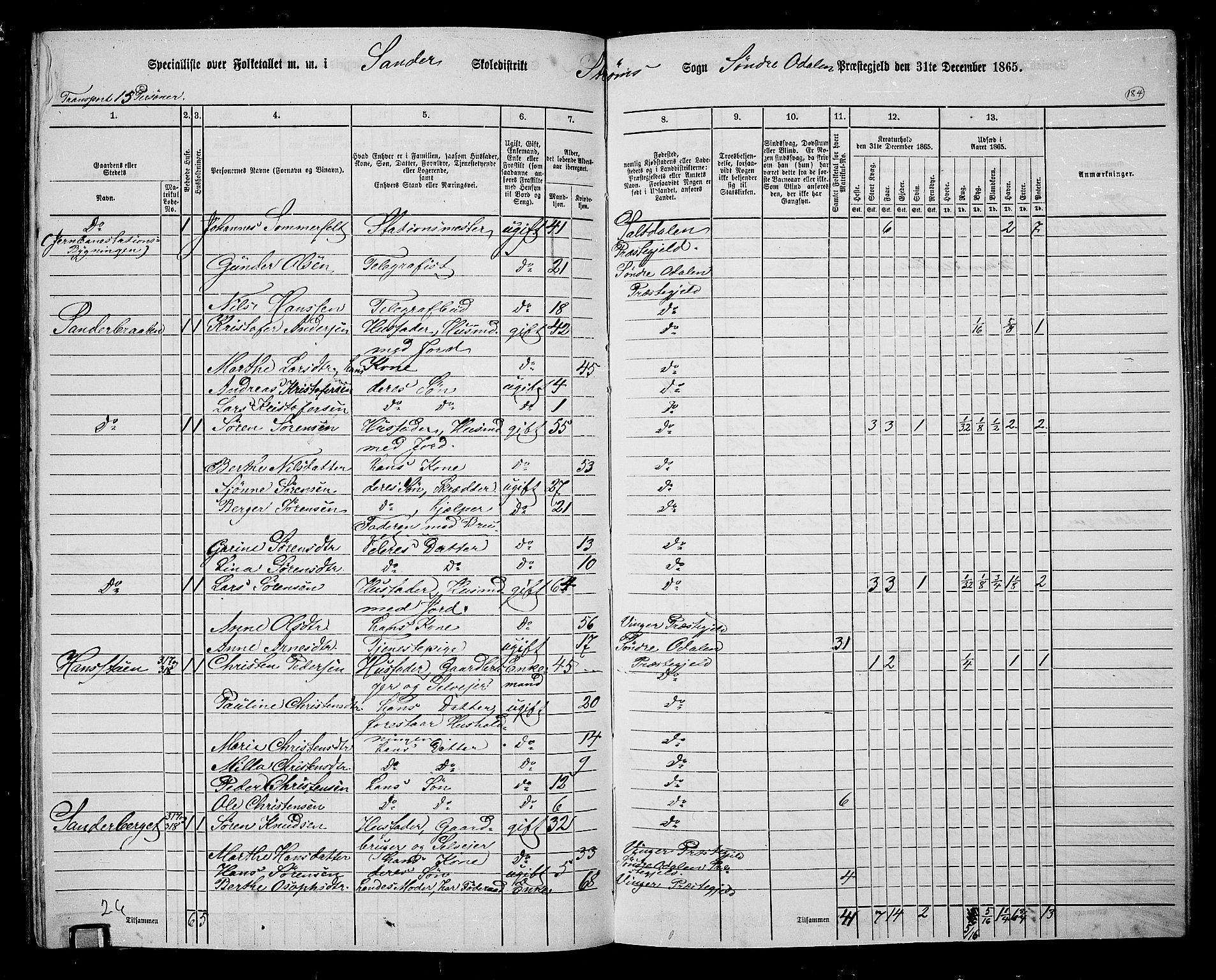 RA, 1865 census for Sør-Odal, 1865, p. 164