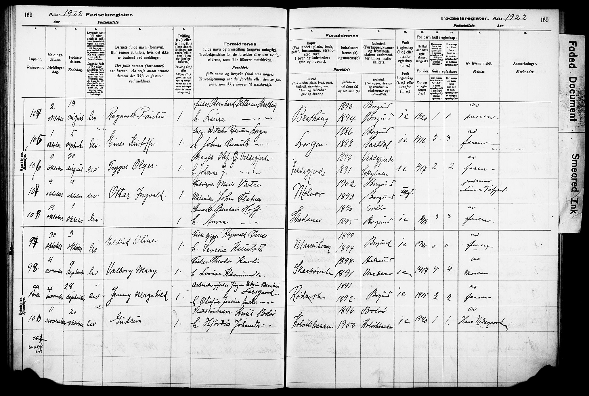 Ministerialprotokoller, klokkerbøker og fødselsregistre - Møre og Romsdal, SAT/A-1454/528/L0442: Birth register no. 528.II.4.1, 1916-1924, p. 169