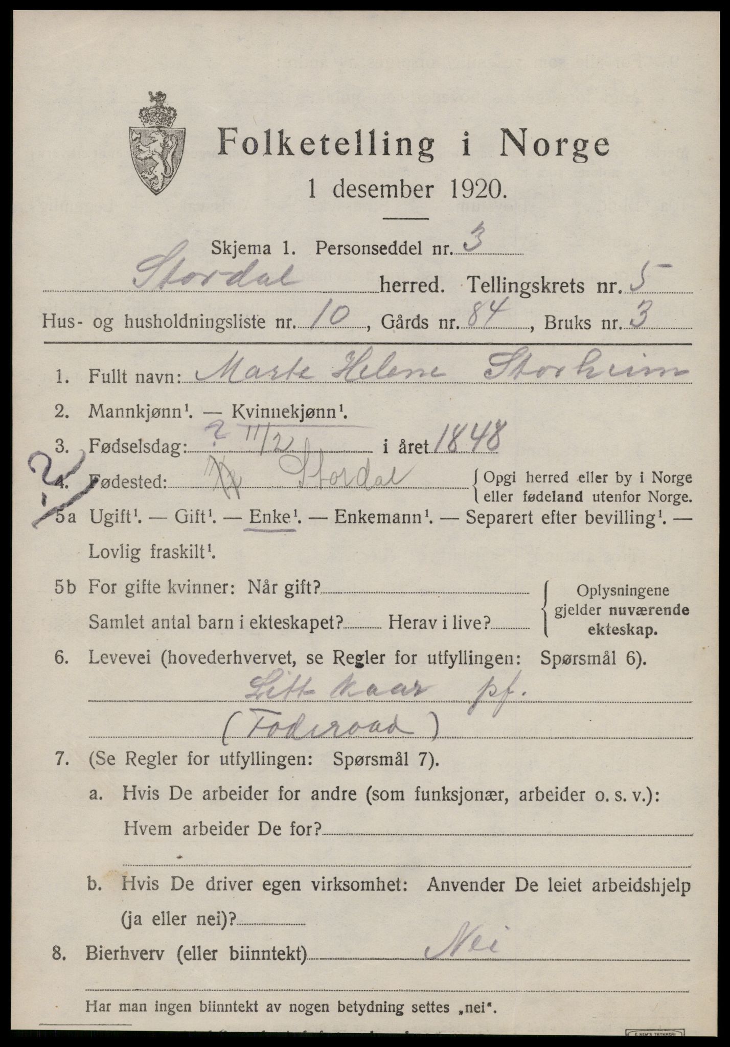 SAT, 1920 census for Stordal, 1920, p. 1650