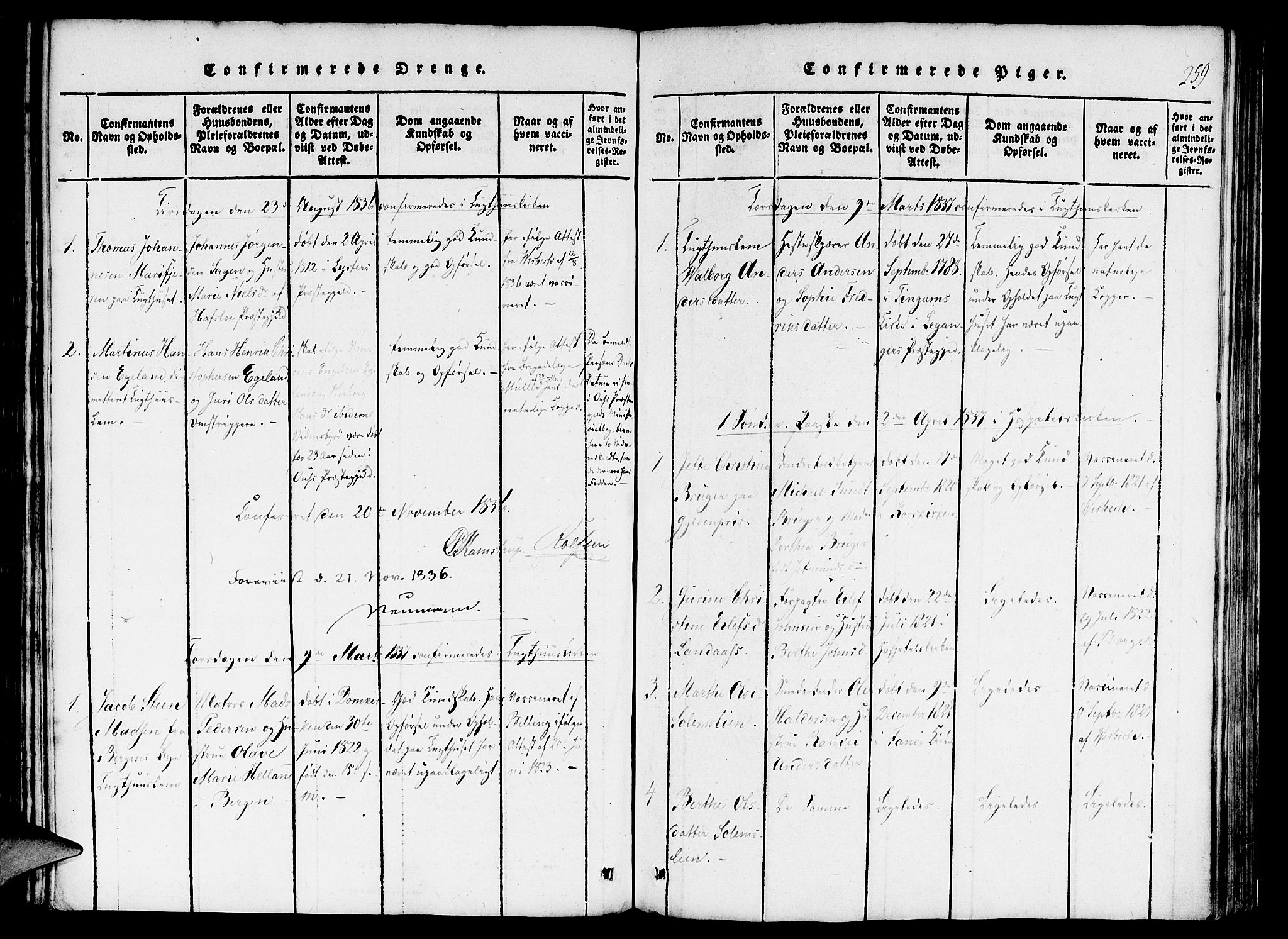 St. Jørgens hospital og Årstad sokneprestembete, AV/SAB-A-99934: Parish register (official) no. A 3, 1815-1843, p. 259