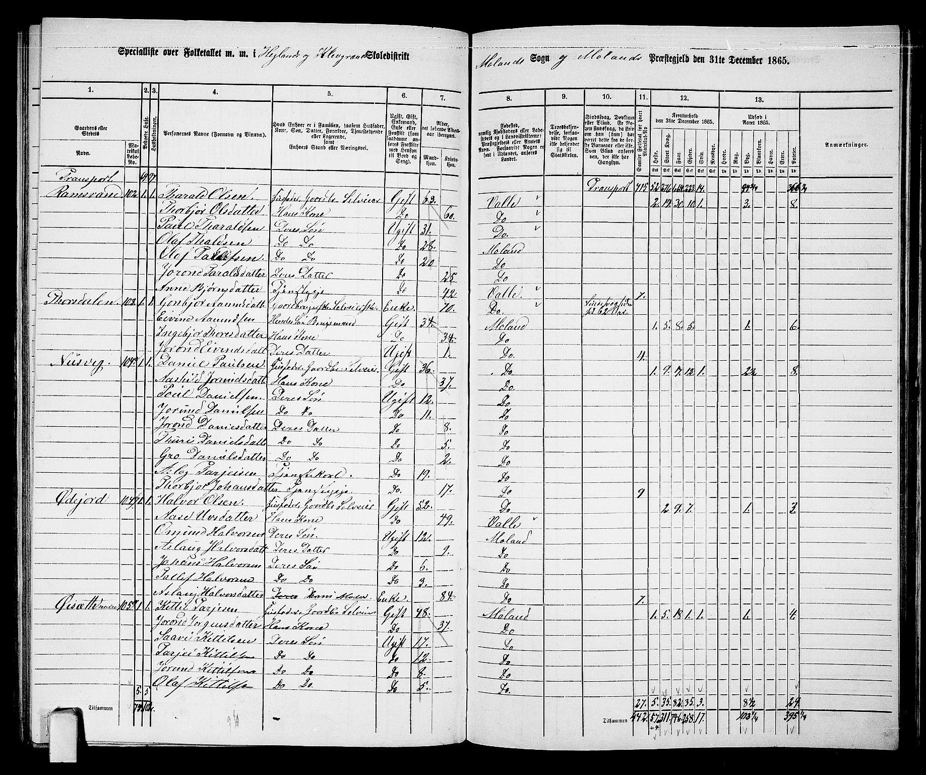 RA, 1865 census for Moland, 1865, p. 75