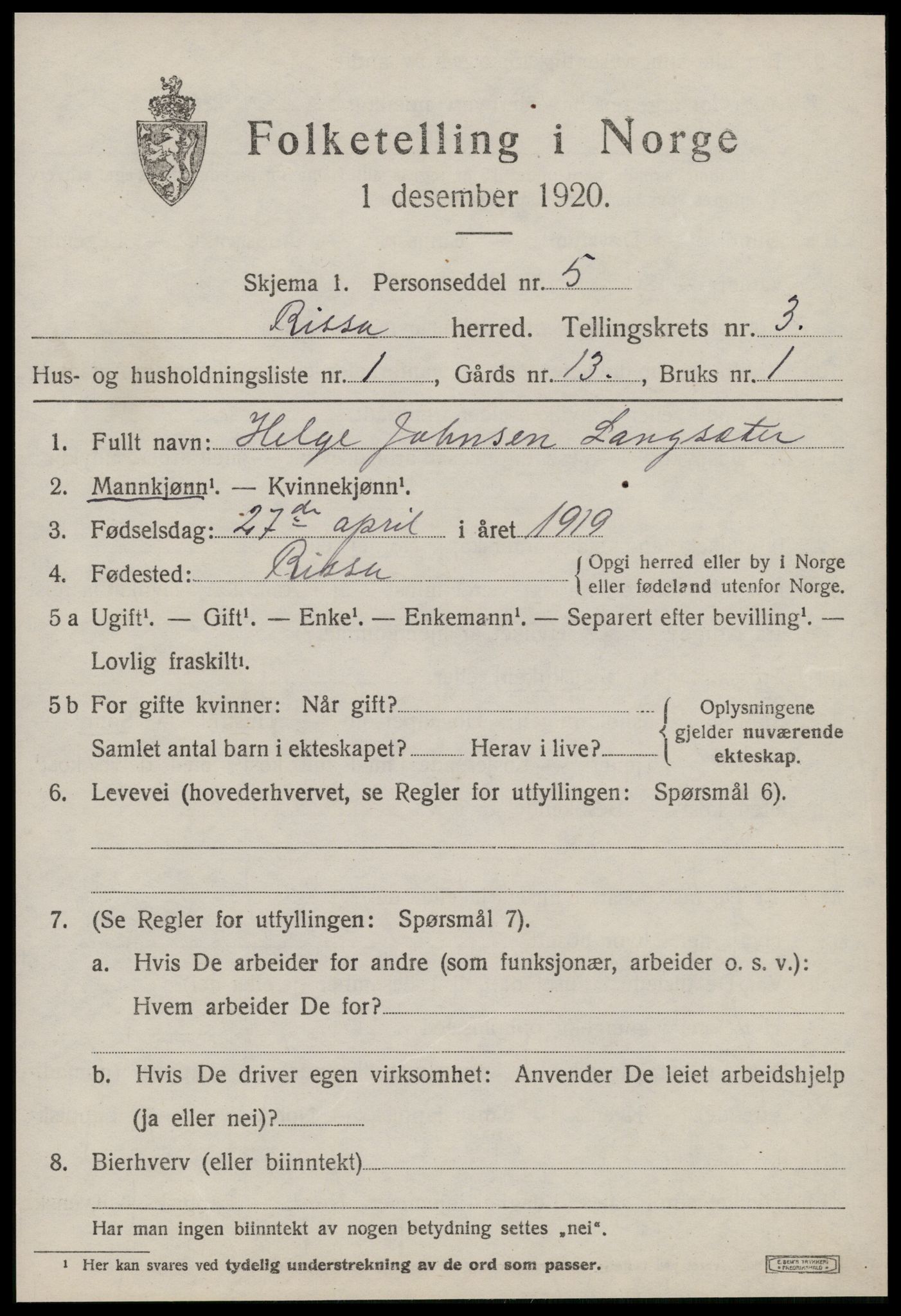 SAT, 1920 census for Rissa, 1920, p. 2499