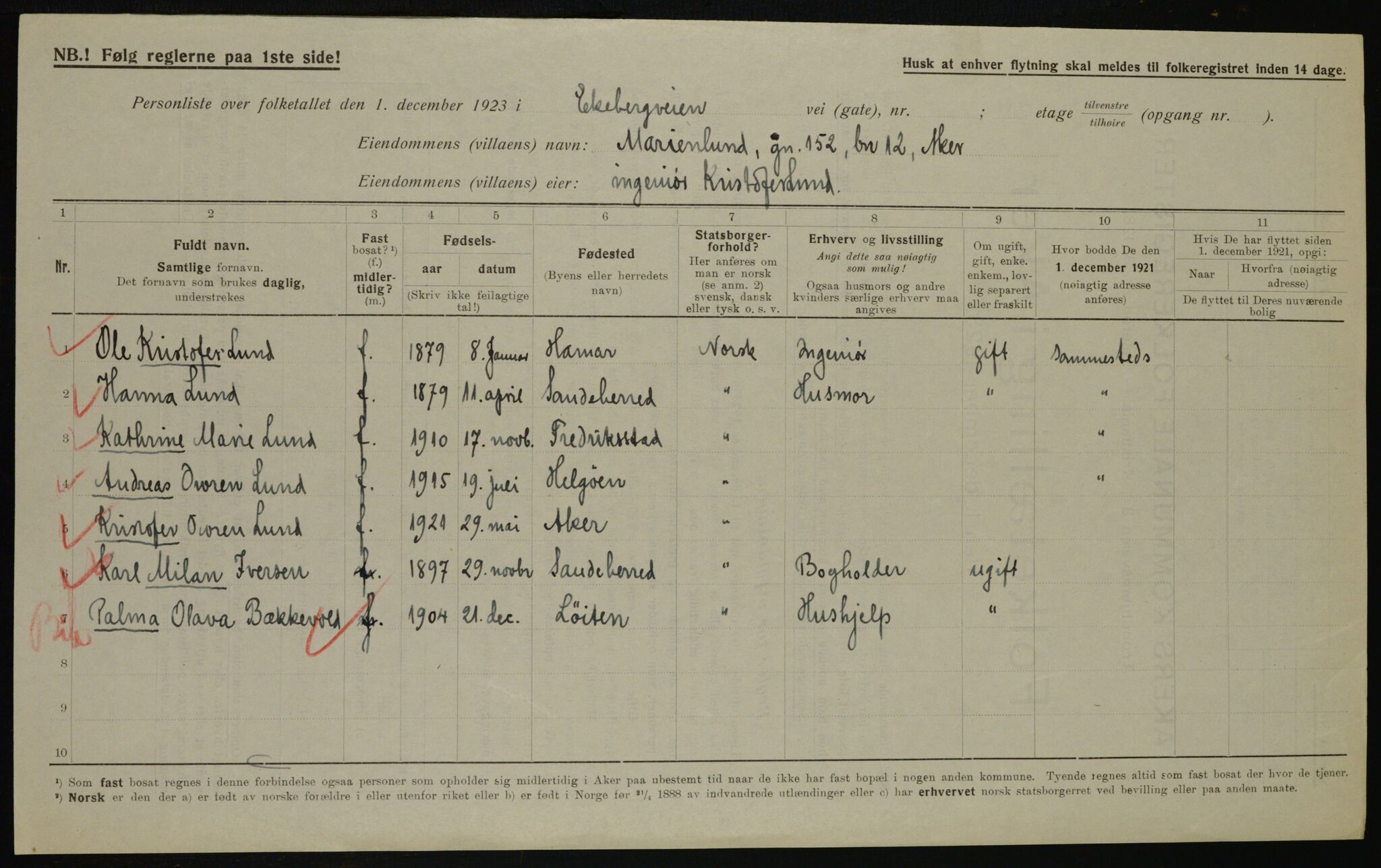 , Municipal Census 1923 for Aker, 1923, p. 37844