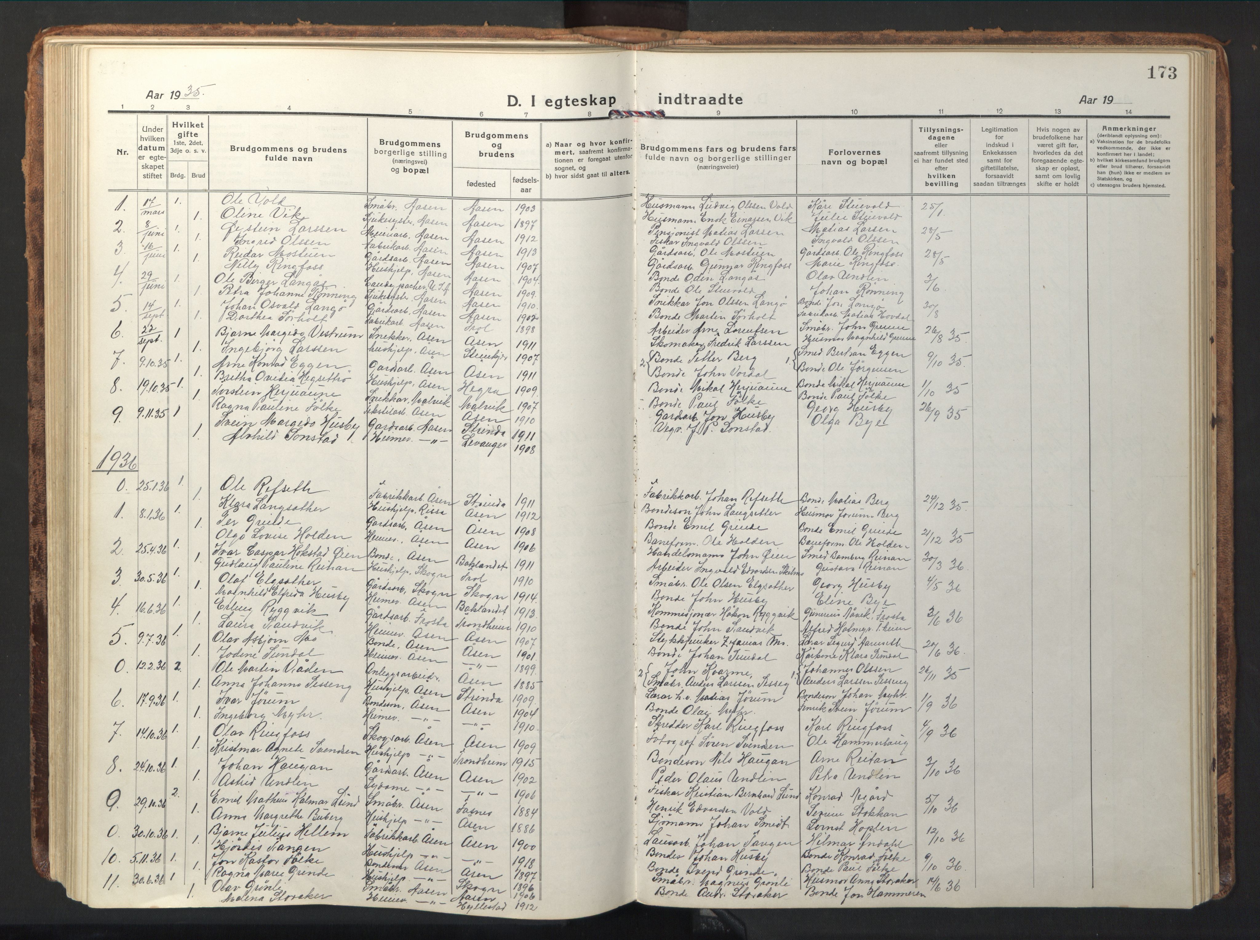 Ministerialprotokoller, klokkerbøker og fødselsregistre - Nord-Trøndelag, SAT/A-1458/714/L0136: Parish register (copy) no. 714C05, 1918-1957, p. 173