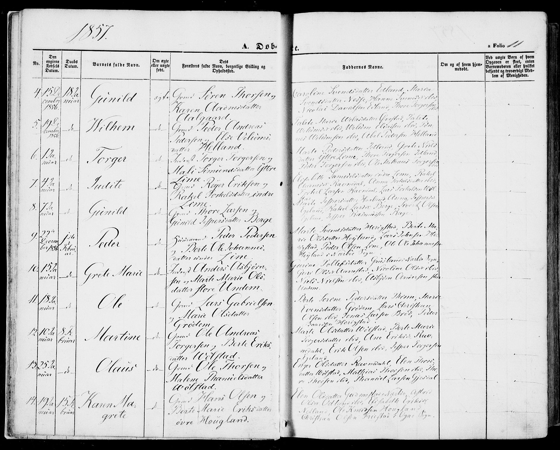 Lye sokneprestkontor, SAST/A-101794/001/30BA/L0007: Parish register (official) no. A 6, 1856-1871, p. 11