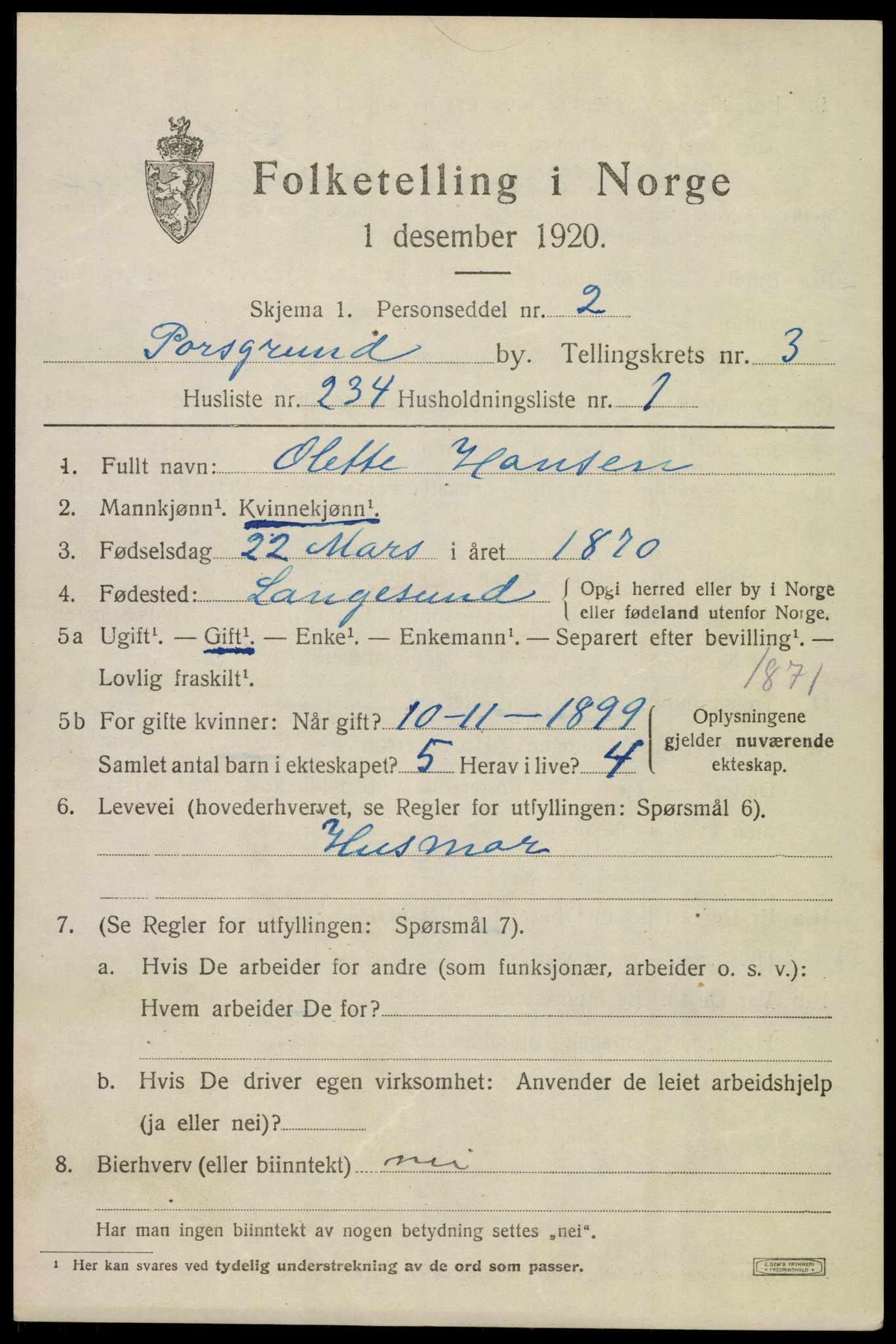 SAKO, 1920 census for Porsgrunn, 1920, p. 17387