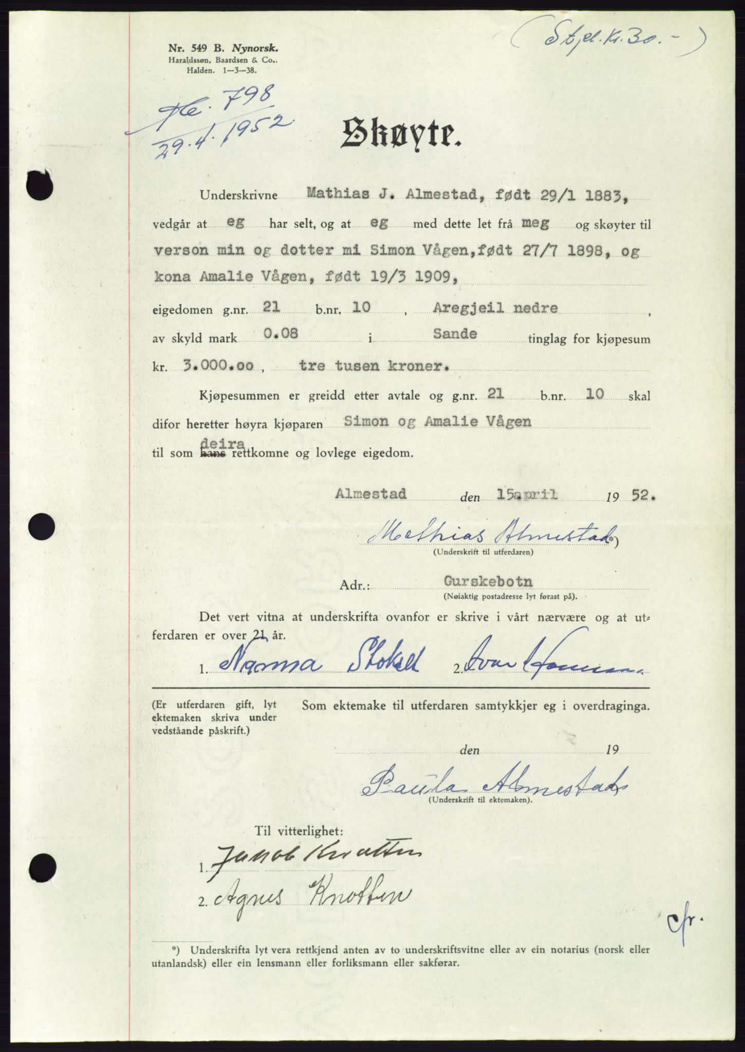 Søre Sunnmøre sorenskriveri, AV/SAT-A-4122/1/2/2C/L0092: Mortgage book no. 18A, 1952-1952, Diary no: : 798/1952