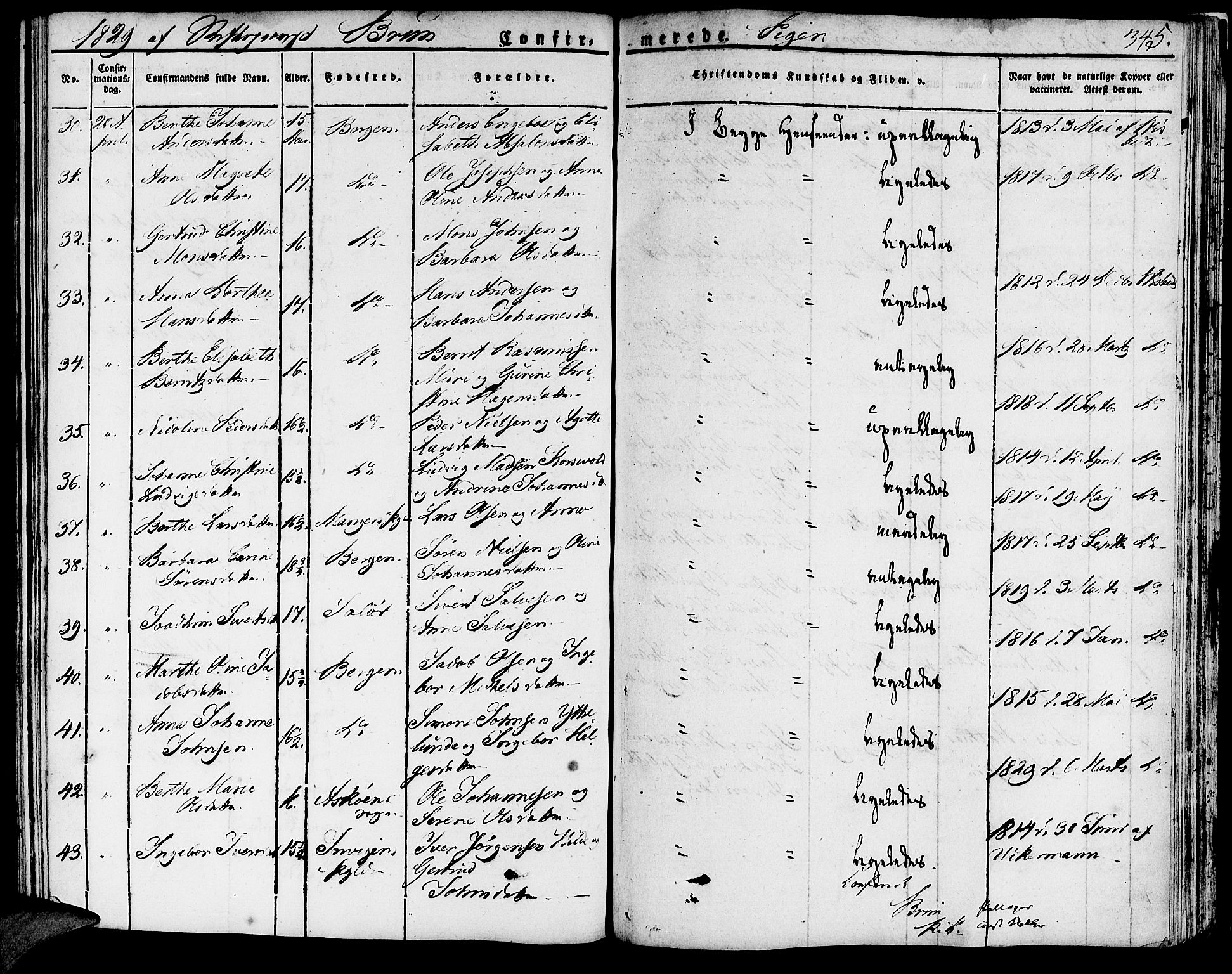 Domkirken sokneprestembete, AV/SAB-A-74801/H/Haa/L0012: Parish register (official) no. A 12, 1821-1840, p. 345