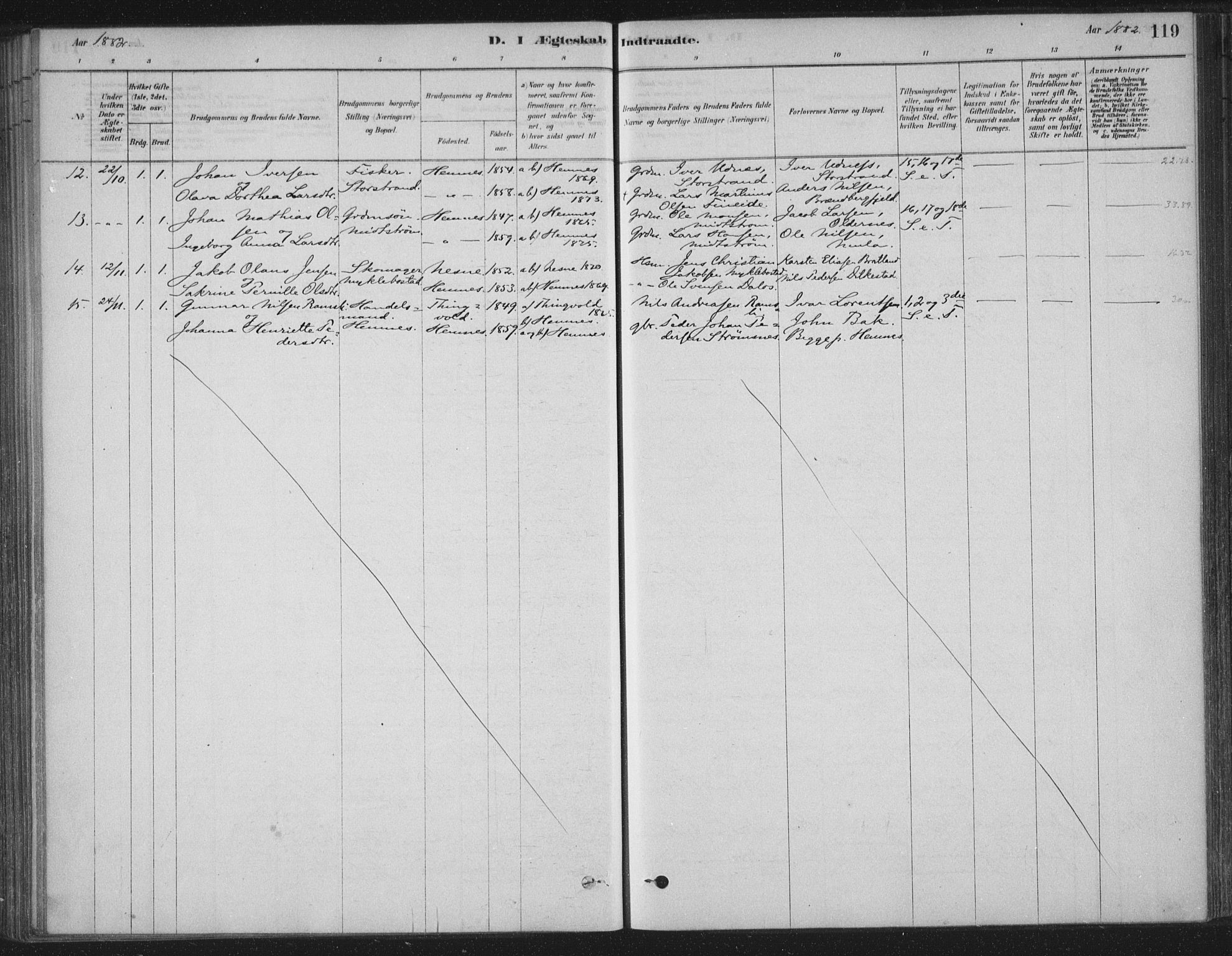 Ministerialprotokoller, klokkerbøker og fødselsregistre - Nordland, AV/SAT-A-1459/825/L0361: Parish register (official) no. 825A15, 1878-1893, p. 119