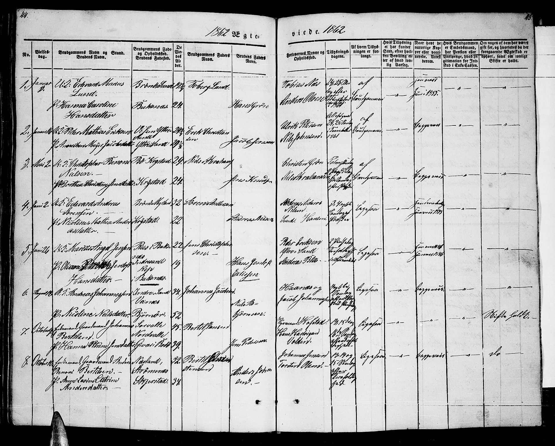 Ministerialprotokoller, klokkerbøker og fødselsregistre - Nordland, AV/SAT-A-1459/885/L1212: Parish register (copy) no. 885C01, 1847-1873, p. 44-45