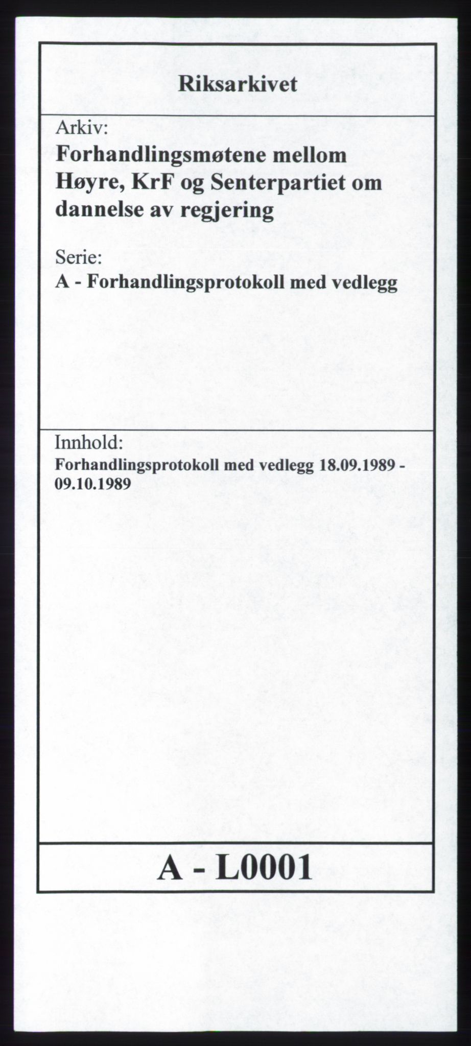 Forhandlingsmøtene 1989 mellom Høyre, KrF og Senterpartiet om dannelse av regjering, AV/RA-PA-0697/A/L0001: Forhandlingsprotokoll med vedlegg, 1989, p. 1