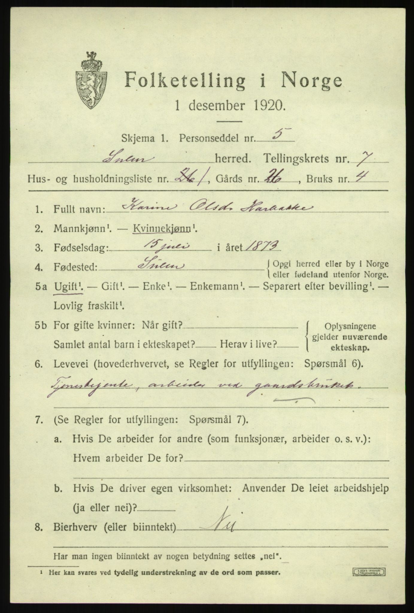 SAB, 1920 census for Solund, 1920, p. 2726