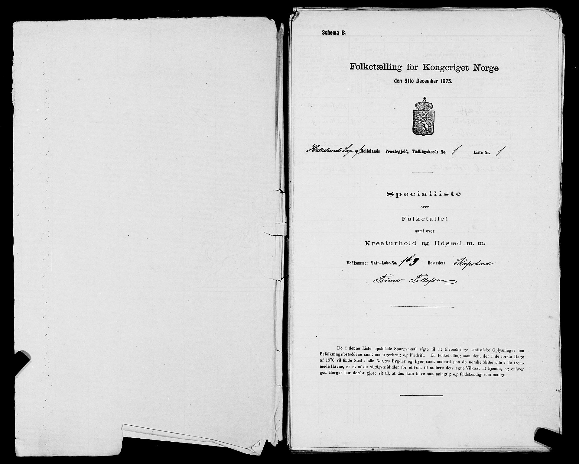 SAST, 1875 census for 1115P Helleland, 1875, p. 63