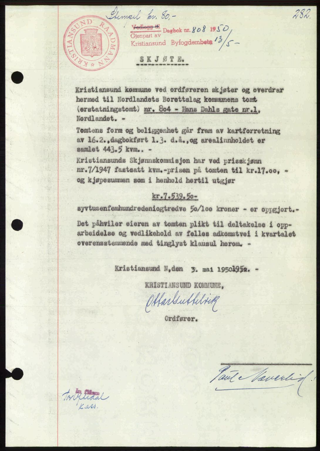 Kristiansund byfogd, AV/SAT-A-4587/A/27: Mortgage book no. 46, 1949-1950, Diary no: : 808/1950