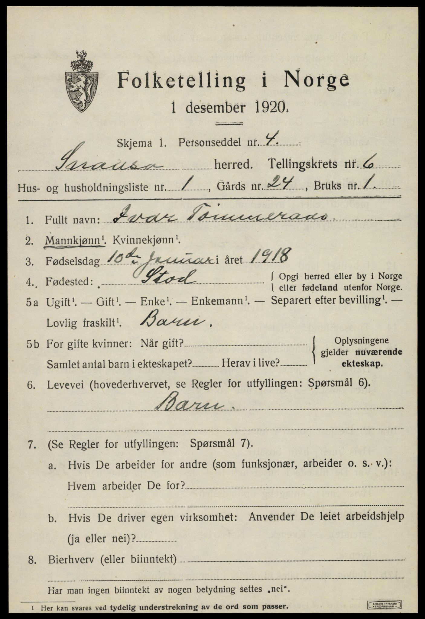 SAT, 1920 census for Snåsa, 1920, p. 2578