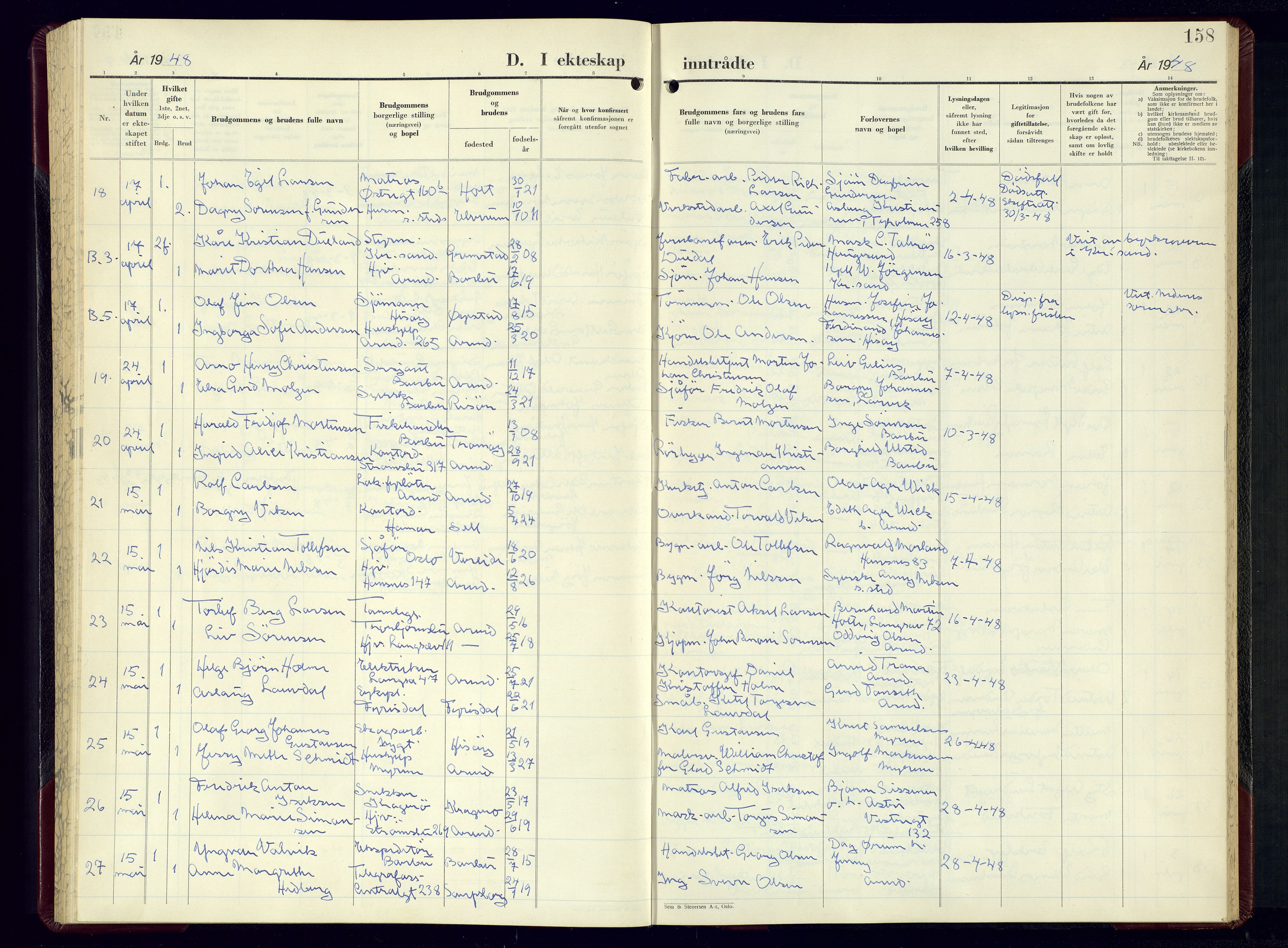 Arendal sokneprestkontor, Trefoldighet, AV/SAK-1111-0040/F/Fb/L0010: Parish register (copy) no. B-10, 1949-1960, p. 158