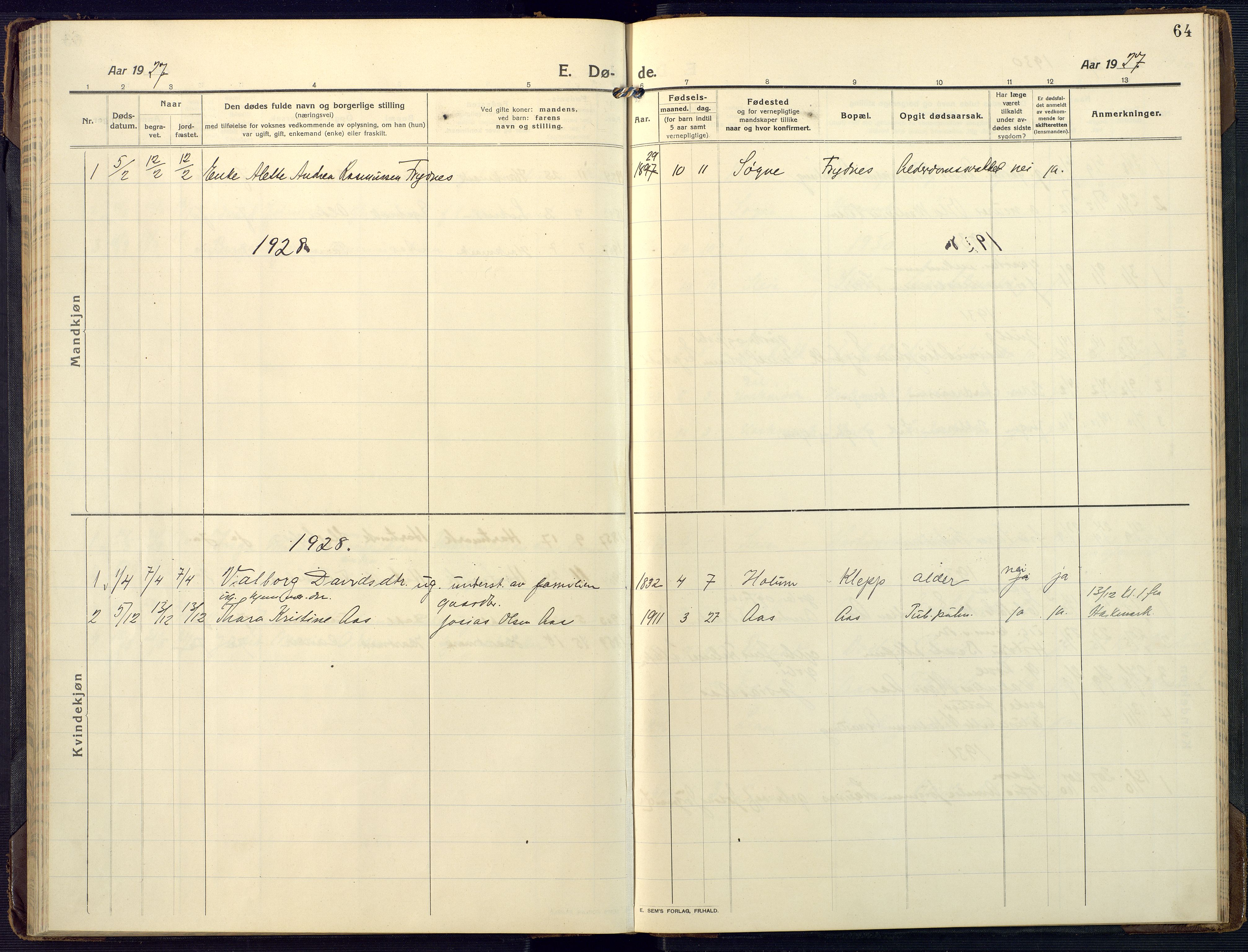 Mandal sokneprestkontor, SAK/1111-0030/F/Fa/Fab/L0003: Parish register (official) no. A 3, 1913-1933, p. 64