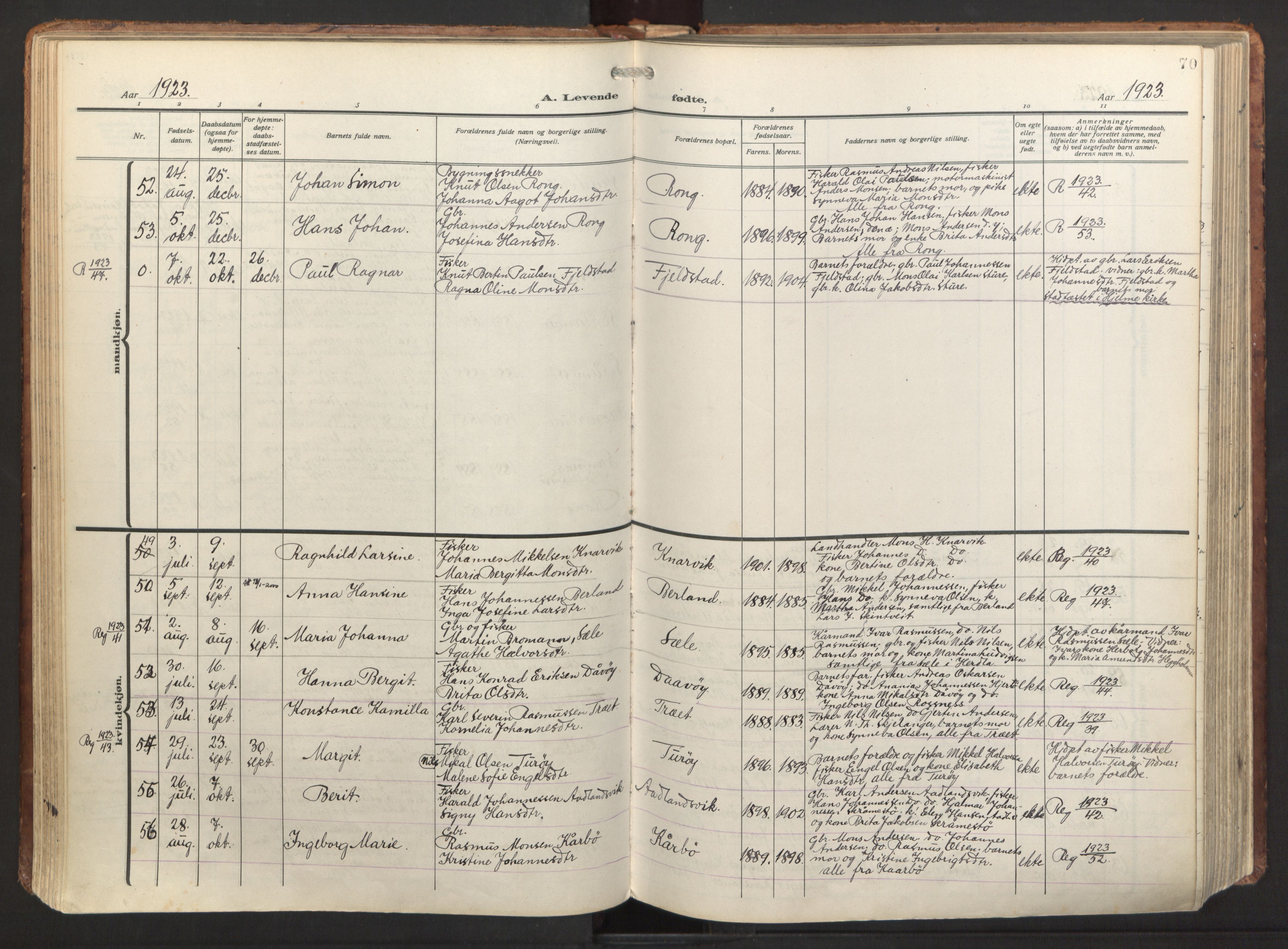 Herdla Sokneprestembete, AV/SAB-A-75701/H/Haa: Parish register (official) no. A 6, 1918-1933, p. 70