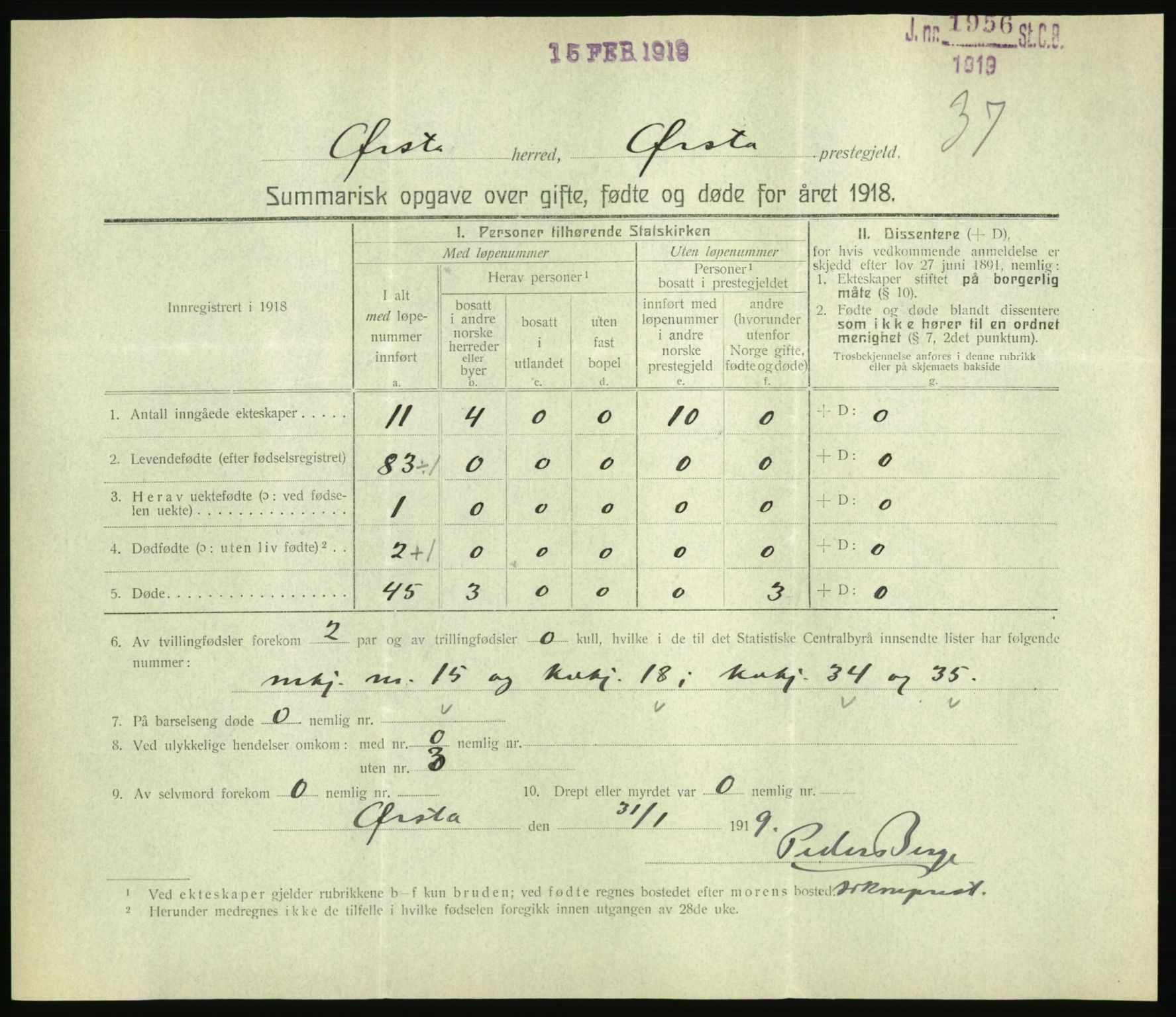 Statistisk sentralbyrå, Sosiodemografiske emner, Befolkning, RA/S-2228/D/Df/Dfb/Dfbh/L0059: Summariske oppgaver over gifte, fødte og døde for hele landet., 1918, p. 1129