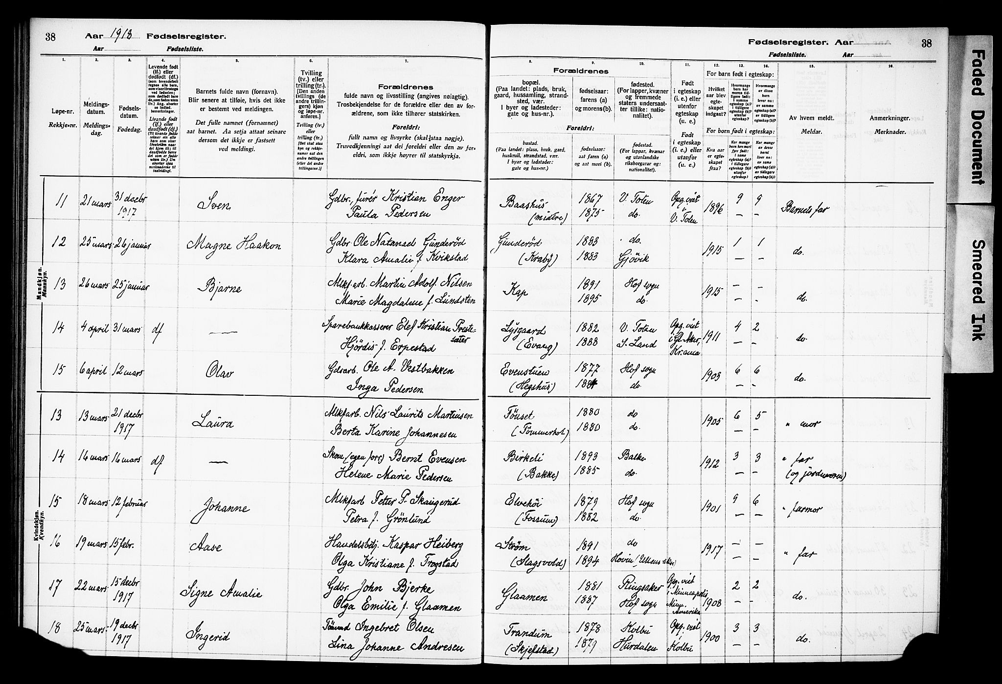 Østre Toten prestekontor, AV/SAH-PREST-104/I/Id/L0001/0001: Birth register no. 1.1, 1916-1928, p. 38