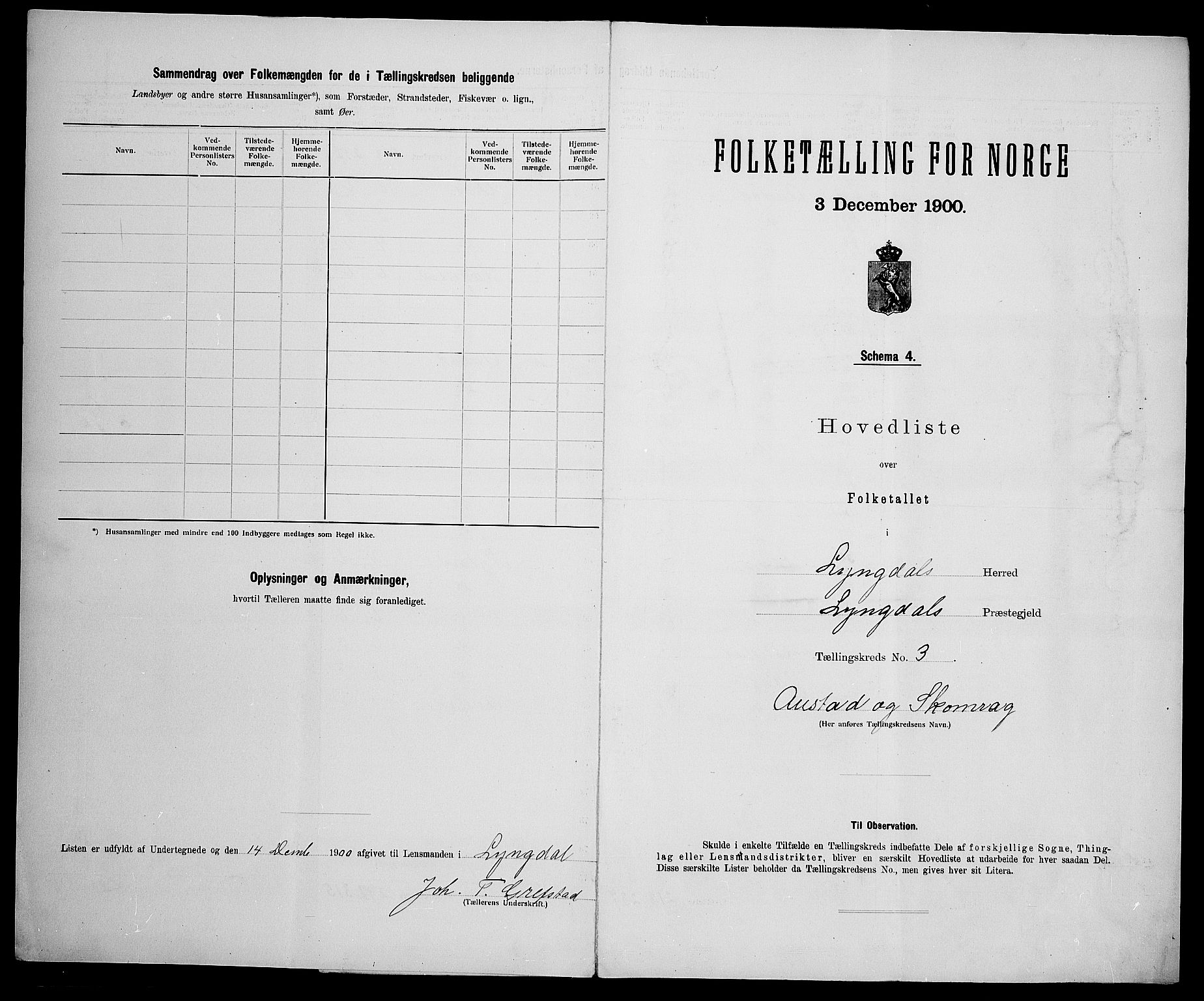 SAK, 1900 census for Lyngdal, 1900, p. 26