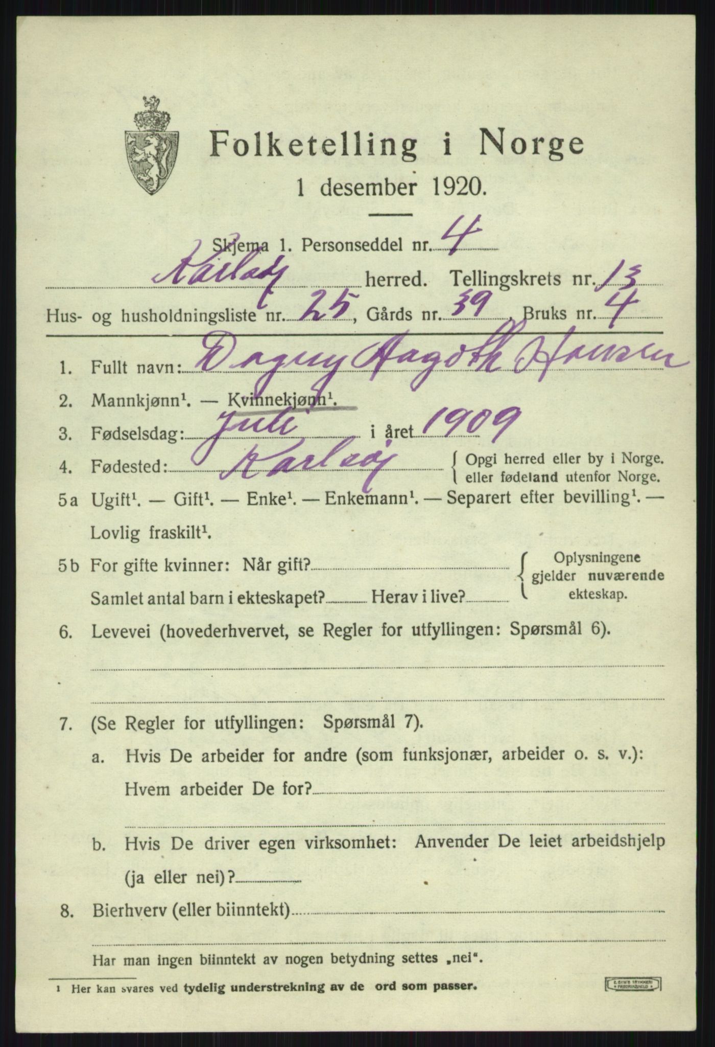 SATØ, 1920 census for Karlsøy, 1920, p. 4992