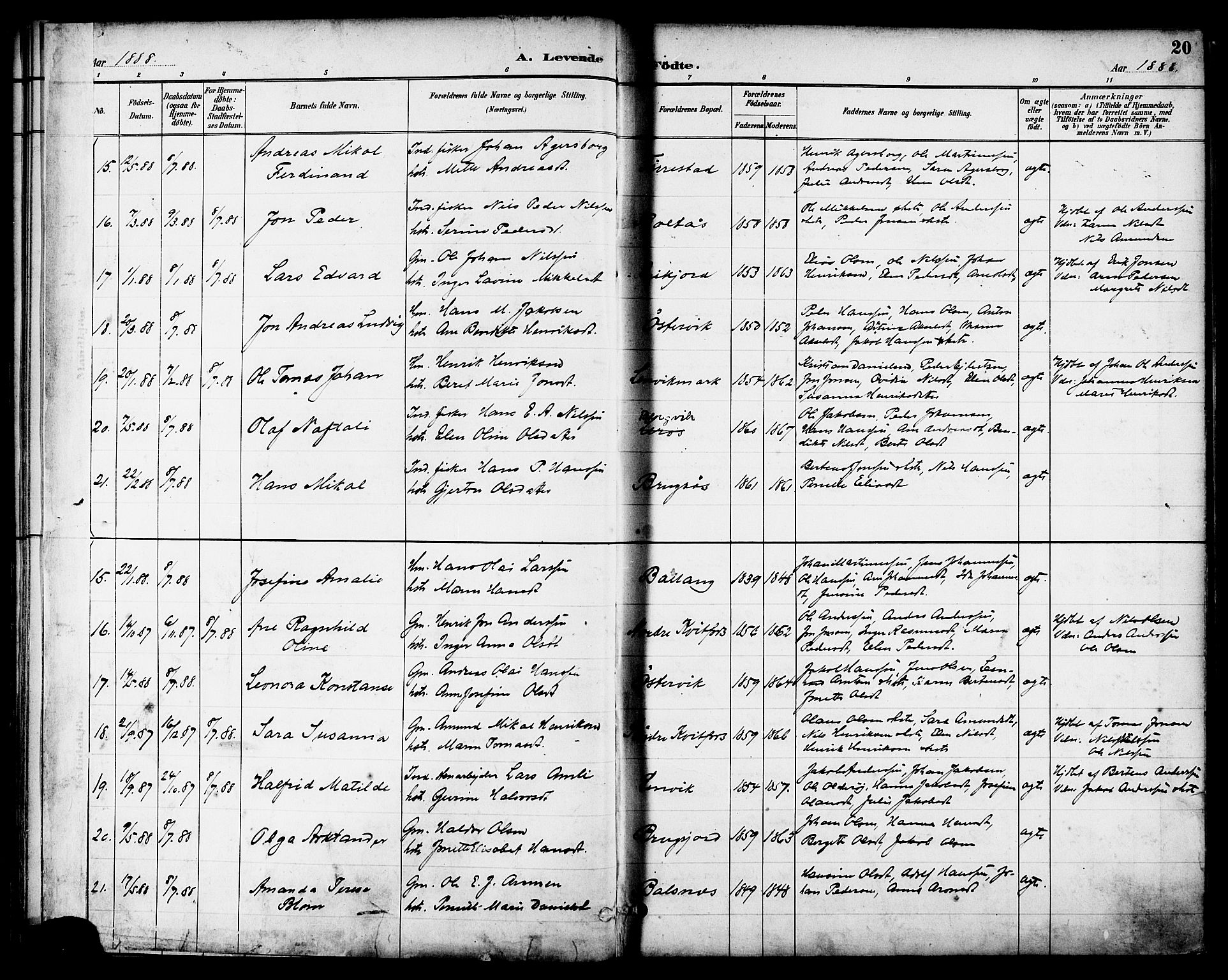 Ministerialprotokoller, klokkerbøker og fødselsregistre - Nordland, SAT/A-1459/863/L0898: Parish register (official) no. 863A10, 1886-1897, p. 20
