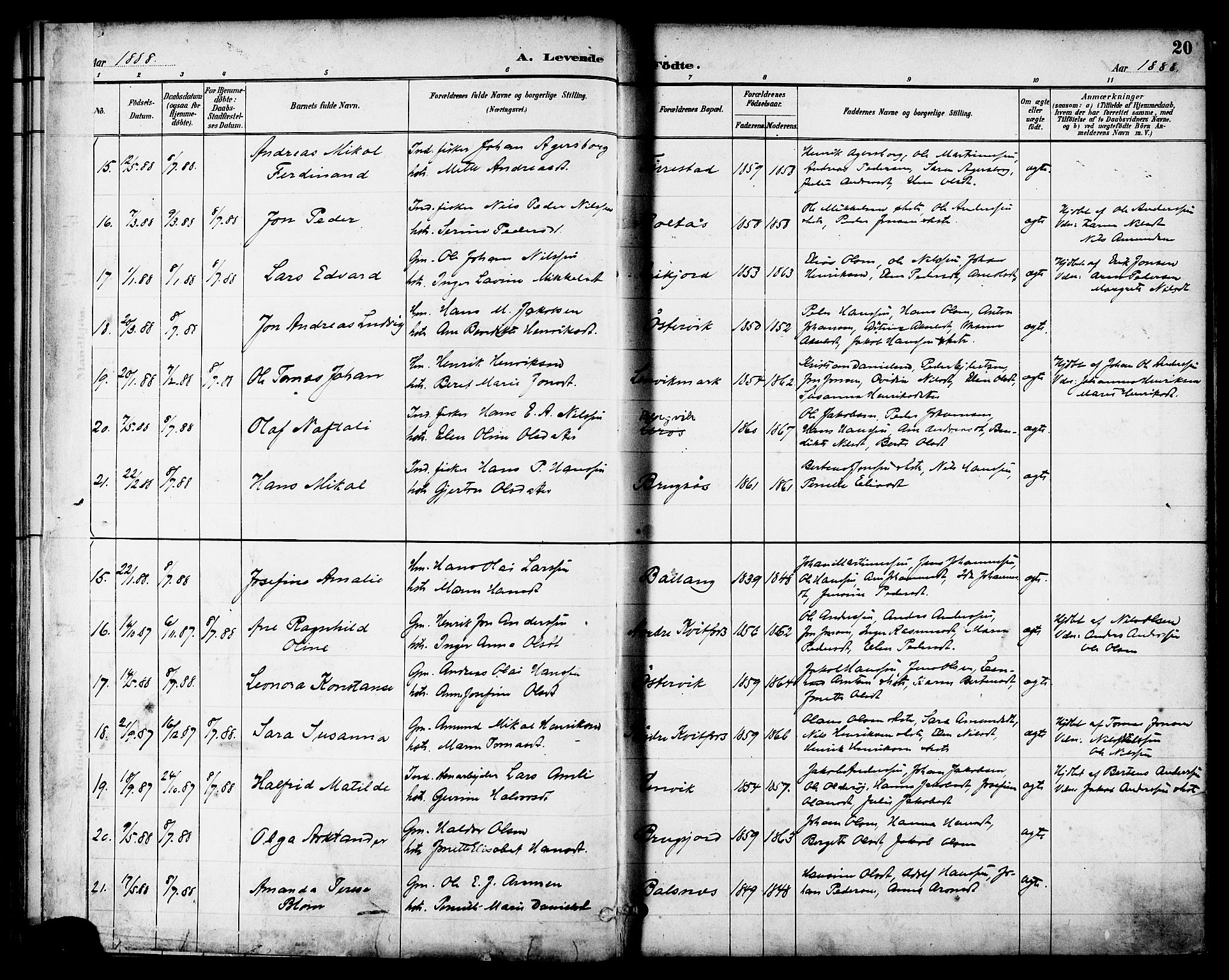 Ministerialprotokoller, klokkerbøker og fødselsregistre - Nordland, AV/SAT-A-1459/863/L0898: Parish register (official) no. 863A10, 1886-1897, p. 20