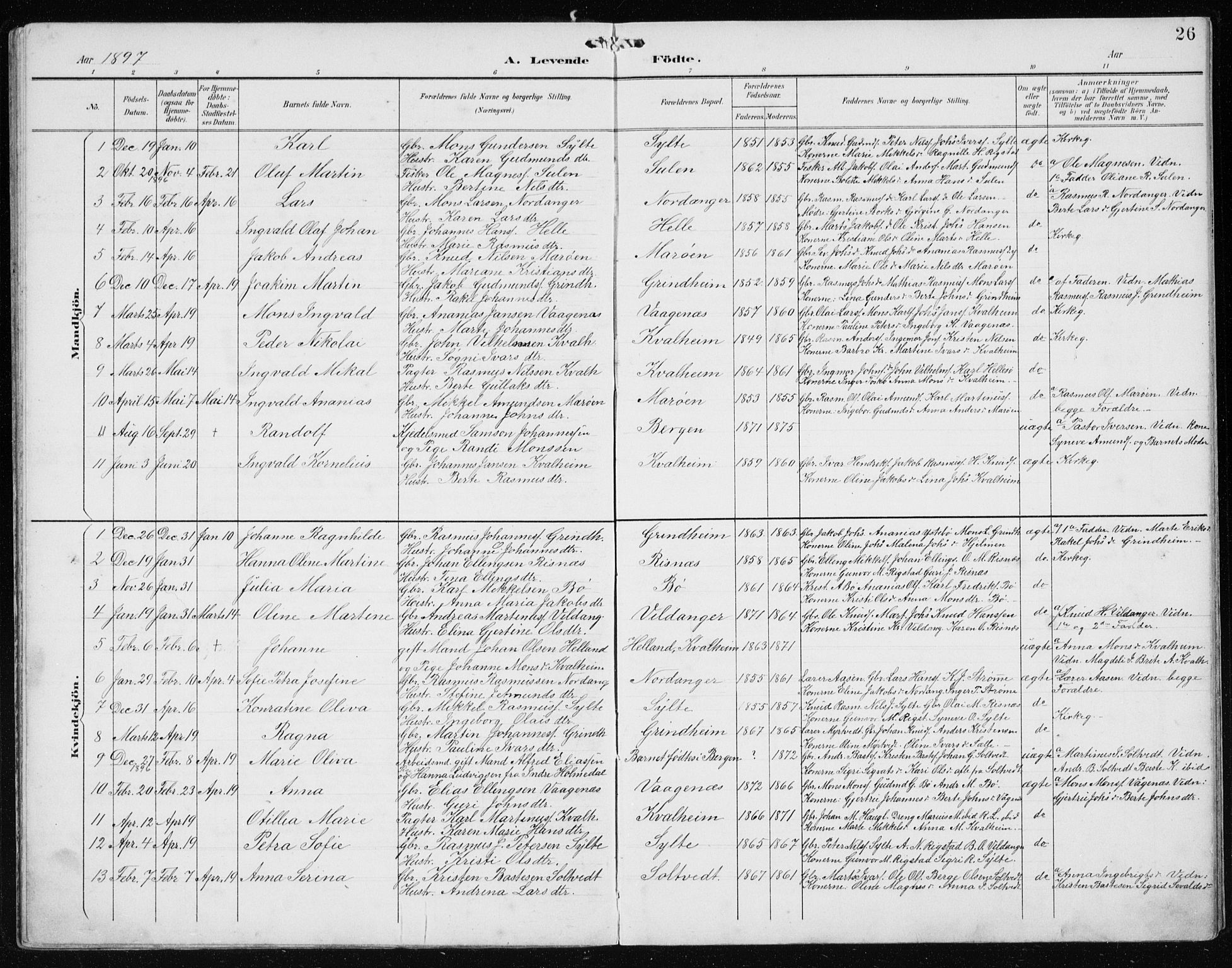 Manger sokneprestembete, SAB/A-76801/H/Hab: Parish register (copy) no. B 3, 1891-1907, p. 26
