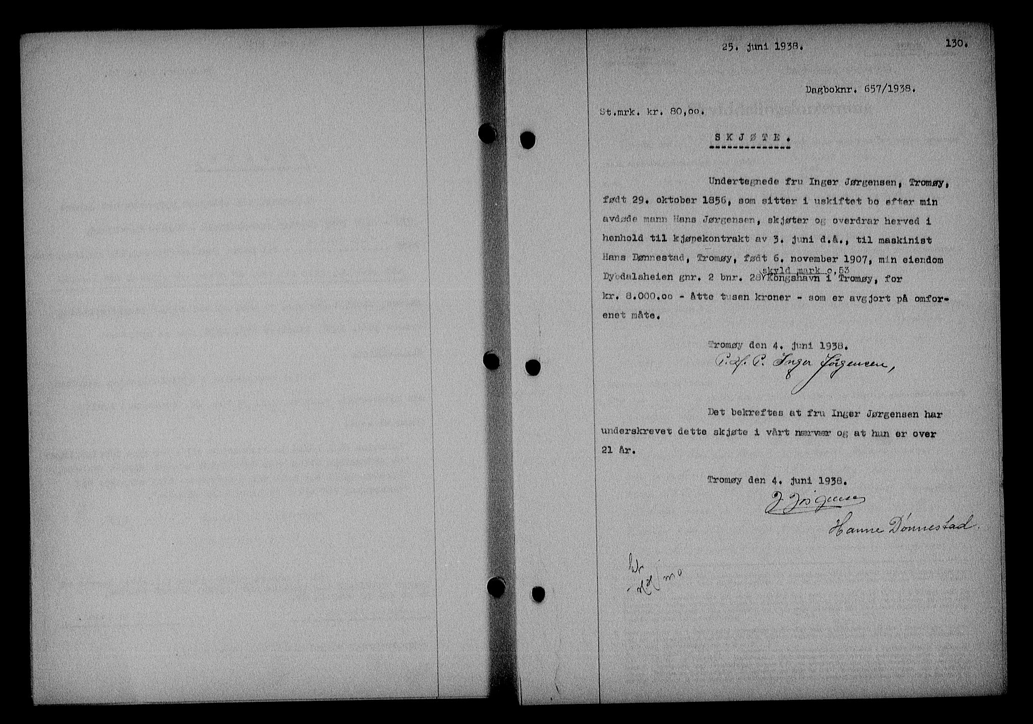 Nedenes sorenskriveri, SAK/1221-0006/G/Gb/Gba/L0045: Mortgage book no. 41, 1938-1938, Diary no: : 657/1938