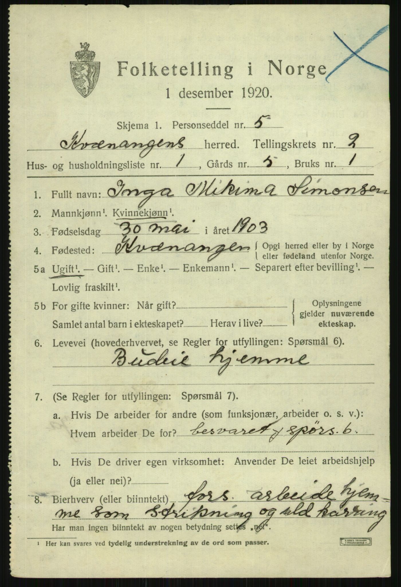 SATØ, 1920 census for Kvænangen, 1920, p. 1224