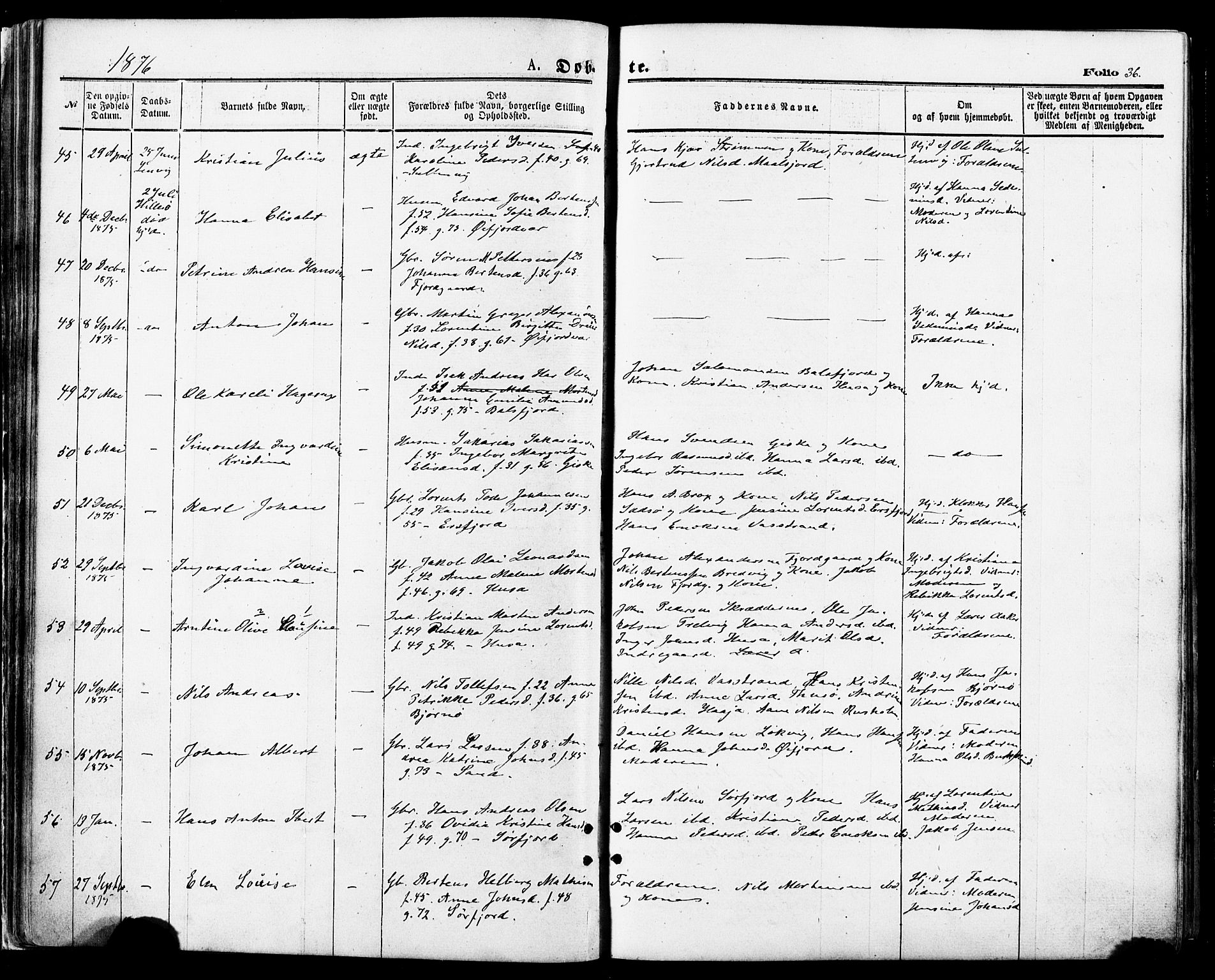 Lenvik sokneprestembete, SATØ/S-1310/H/Ha/Haa/L0010kirke: Parish register (official) no. 10, 1873-1880, p. 36