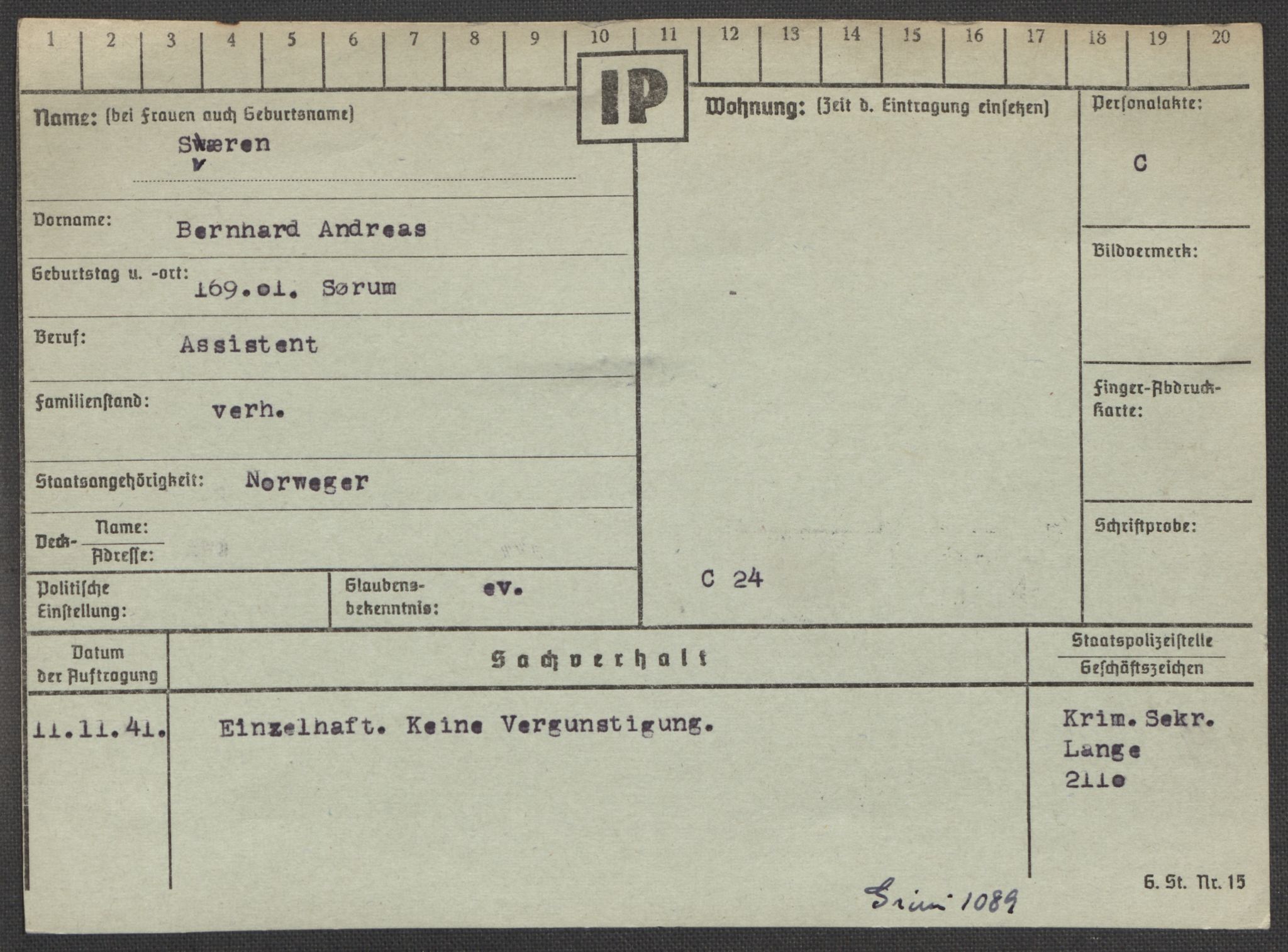 Befehlshaber der Sicherheitspolizei und des SD, AV/RA-RAFA-5969/E/Ea/Eaa/L0009: Register over norske fanger i Møllergata 19: Ru-Sy, 1940-1945, p. 1596