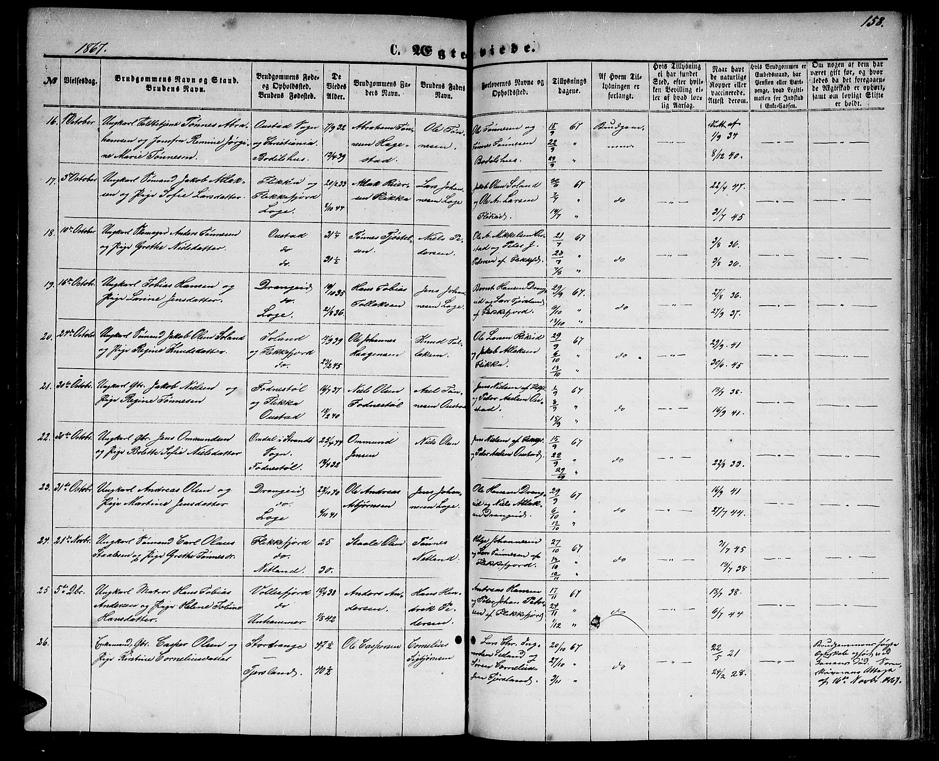 Flekkefjord sokneprestkontor, AV/SAK-1111-0012/F/Fb/Fbc/L0006: Parish register (copy) no. B 6, 1866-1879, p. 158