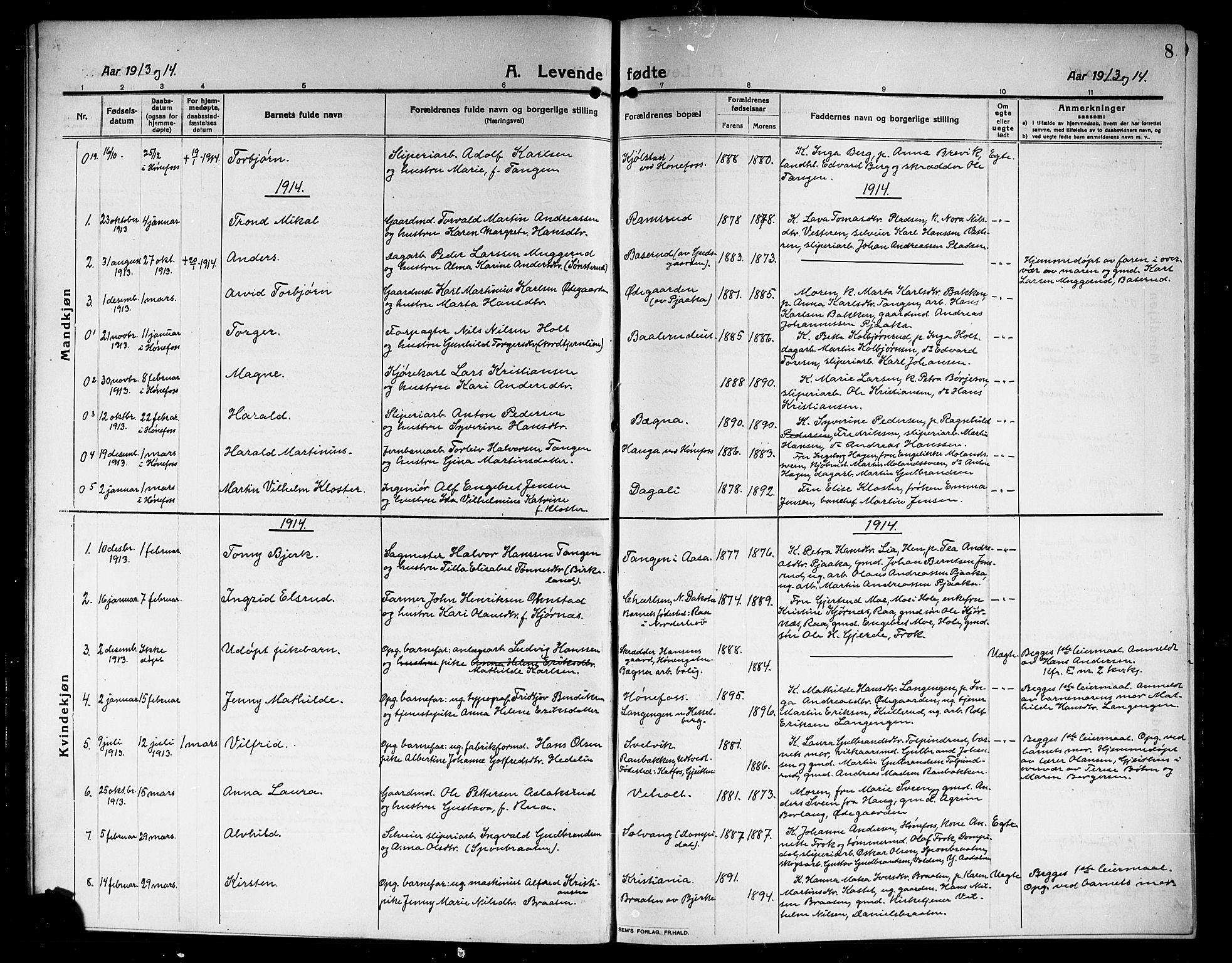 Norderhov kirkebøker, SAKO/A-237/G/Ga/L0009: Parish register (copy) no. I 9, 1913-1920, p. 8