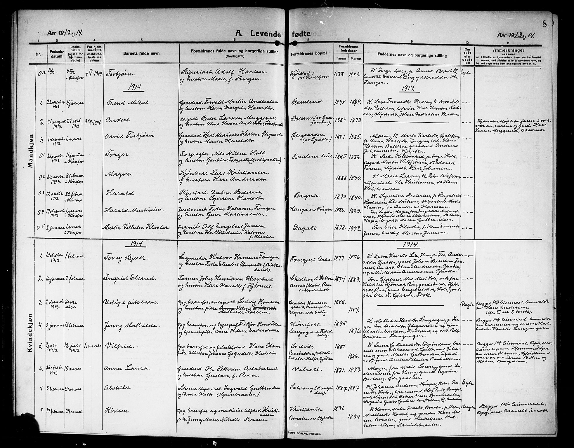 Norderhov kirkebøker, AV/SAKO-A-237/G/Ga/L0009: Parish register (copy) no. I 9, 1913-1920, p. 8