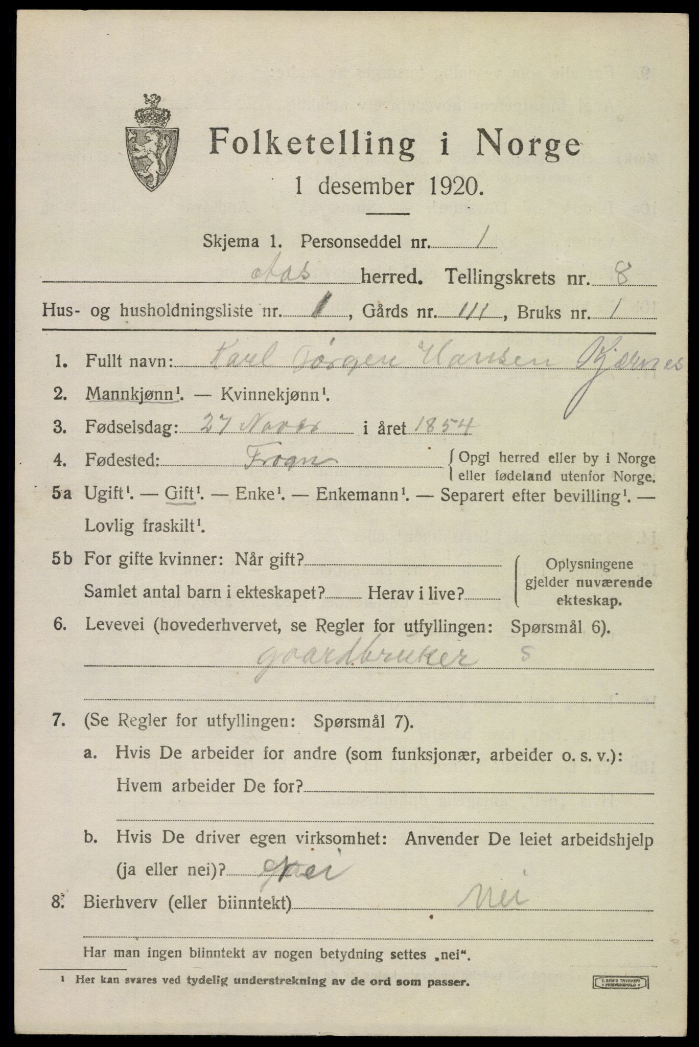 SAO, 1920 census for Ås, 1920, p. 7996