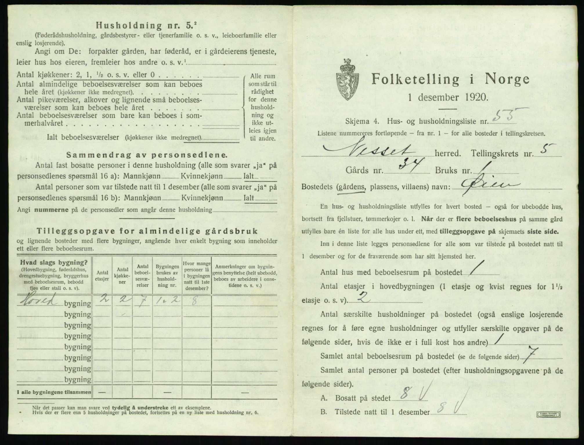 SAT, 1920 census for Nesset, 1920, p. 422