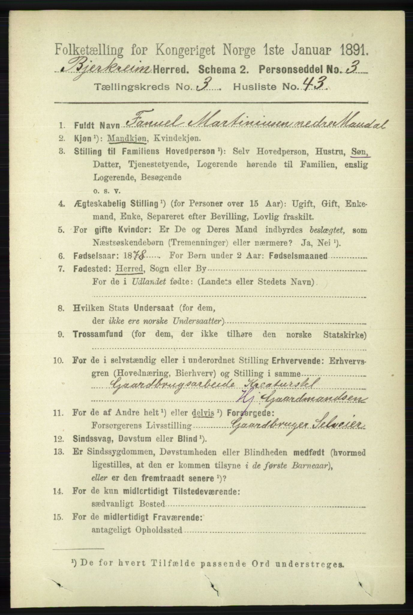 RA, 1891 census for 1114 Bjerkreim, 1891, p. 1155