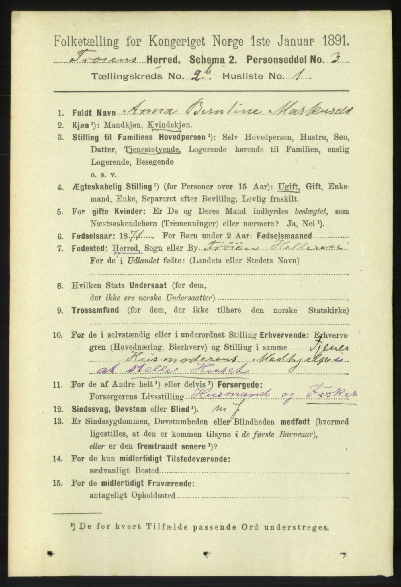 RA, 1891 census for 1619 Frøya, 1891, p. 1400