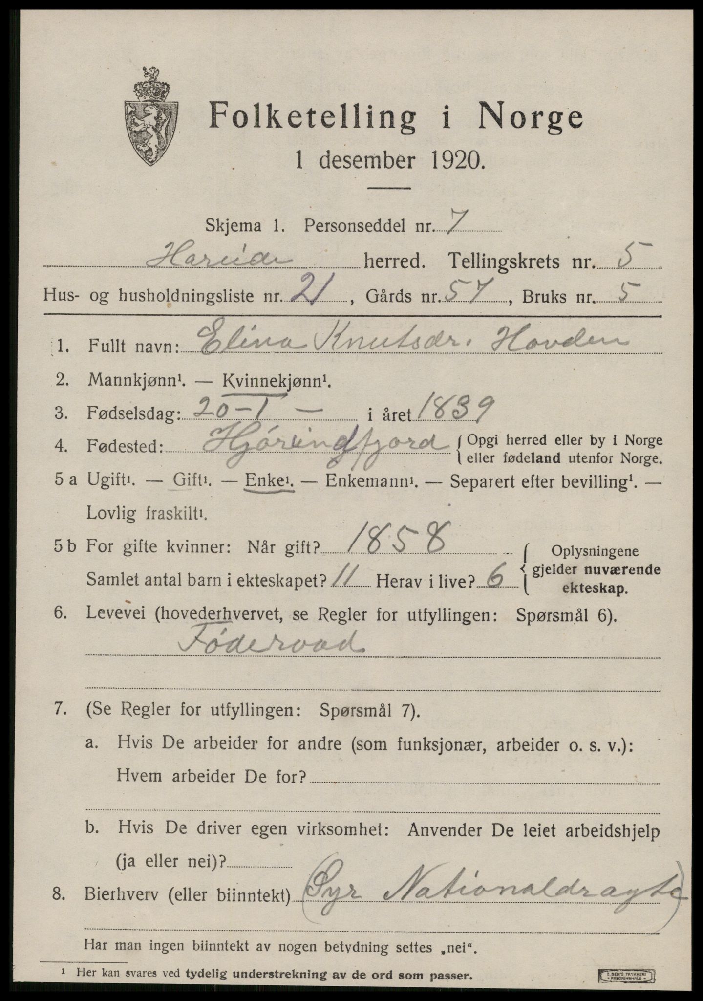 SAT, 1920 census for Hareid, 1920, p. 2161